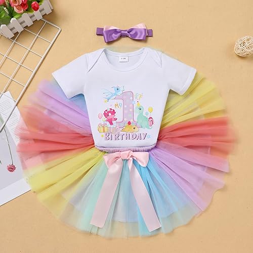 Miniatura 9 de IBTOM CASTLE Trajes de fiesta temática de dinosaurio para niñas de primer cumpleaños de princesa, conjunto de falda tutú + diadema sesión de fotos