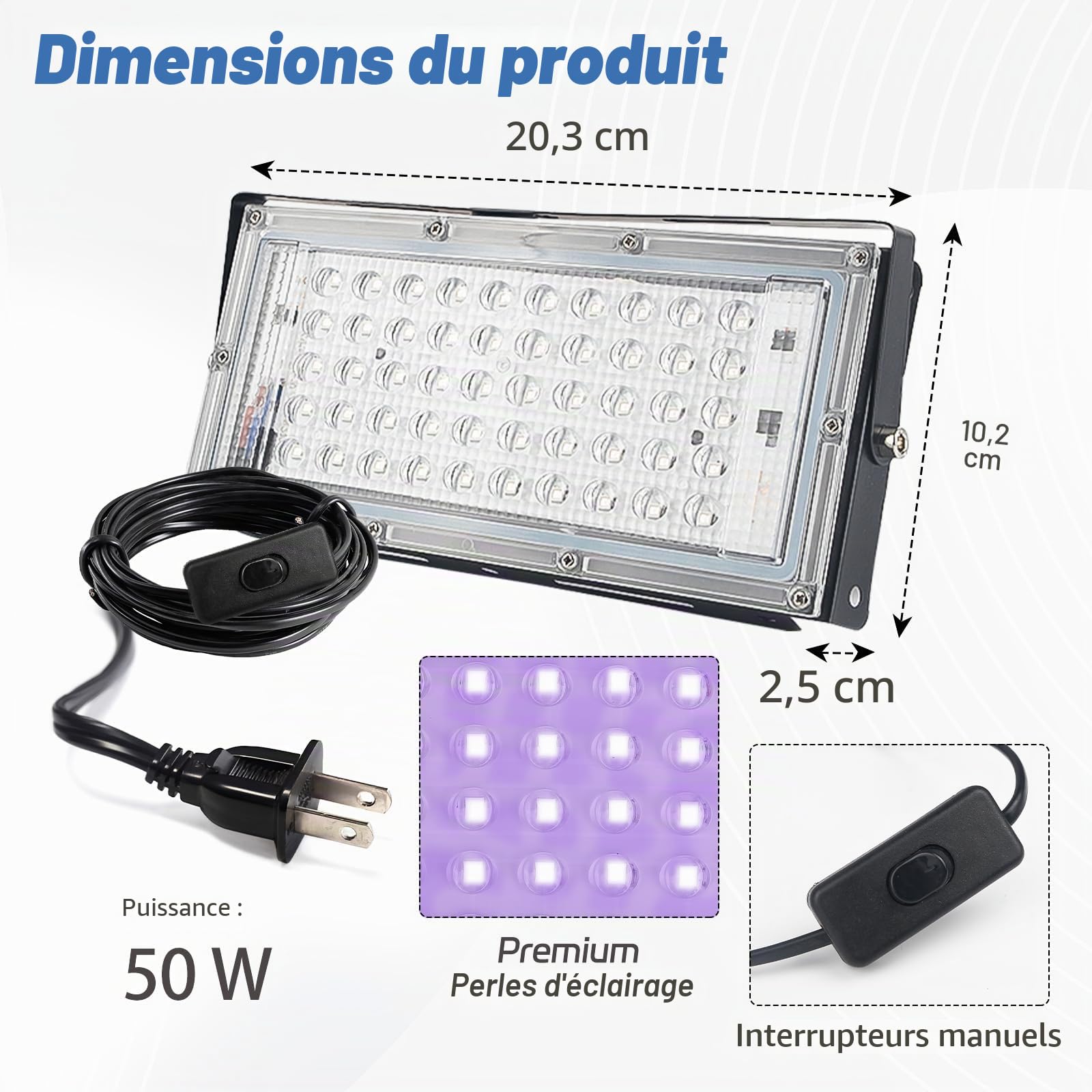 Lot de 2 lampes UV LED 50 W pour sérigraphie avec double support, unité d'exposition pour kit de sérigraphie, émulsion photo et cyanotypes