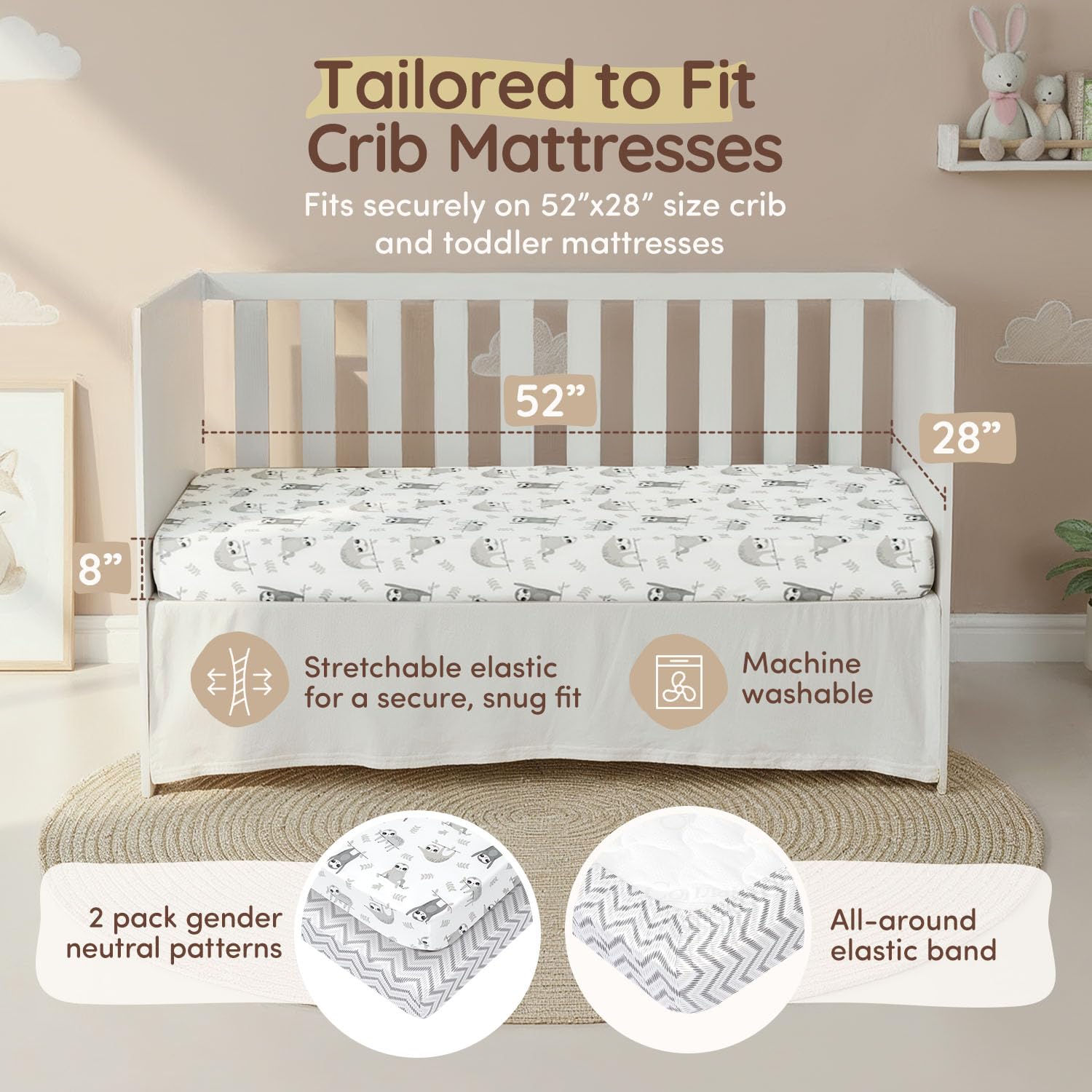 Spannbettlaken für Babybett, Faultier und Chevron-Drucke, Baumwolle, für Jungen und Mädchen, geschlechtsneutral (Grau - Weiß), 2 Stück