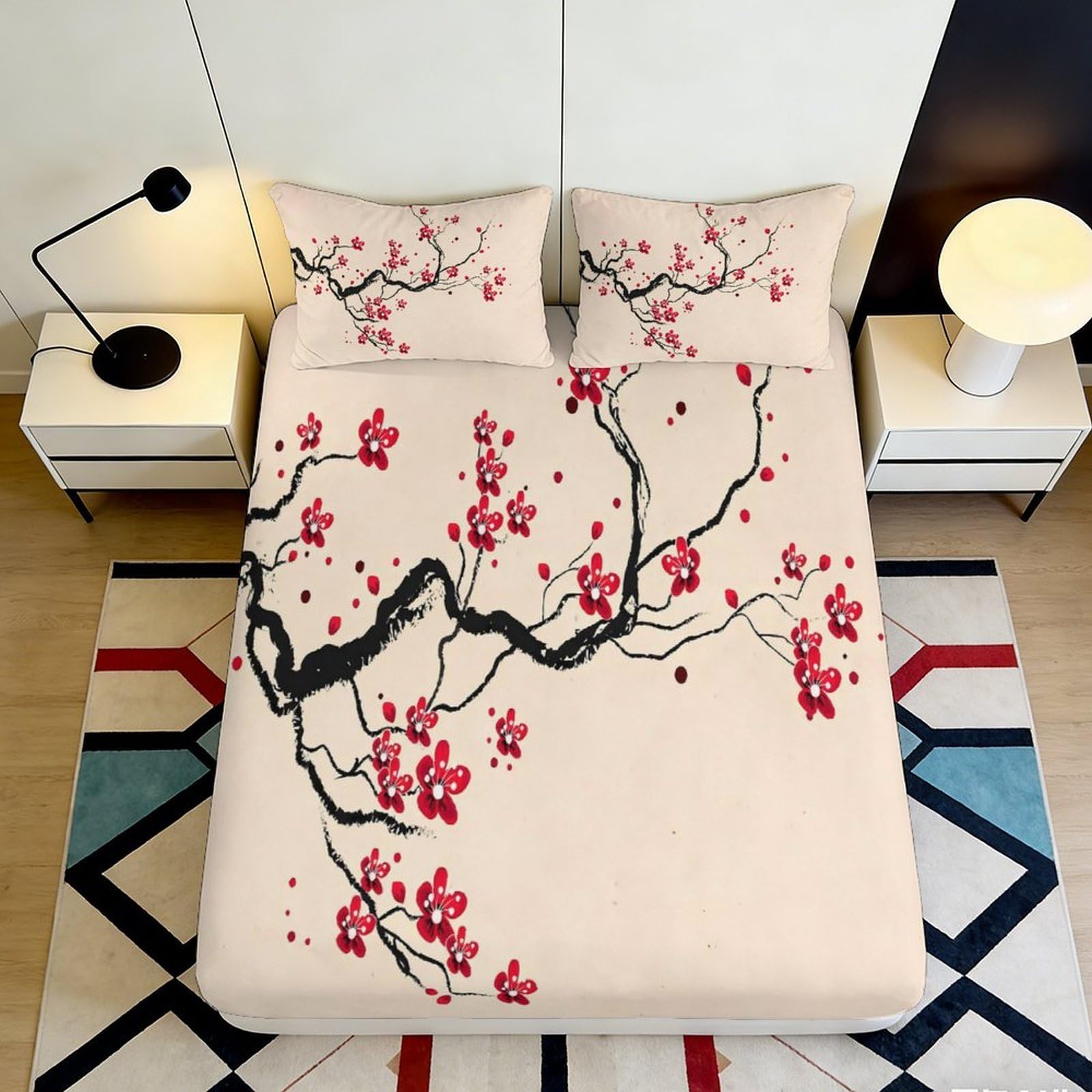 3D Printed Cherry Blossom Fitted Sheet Microfiber Soft Floral Mattress Cover for Bedroom Dormitory Guest Room Protection Decor 160x200x25cm