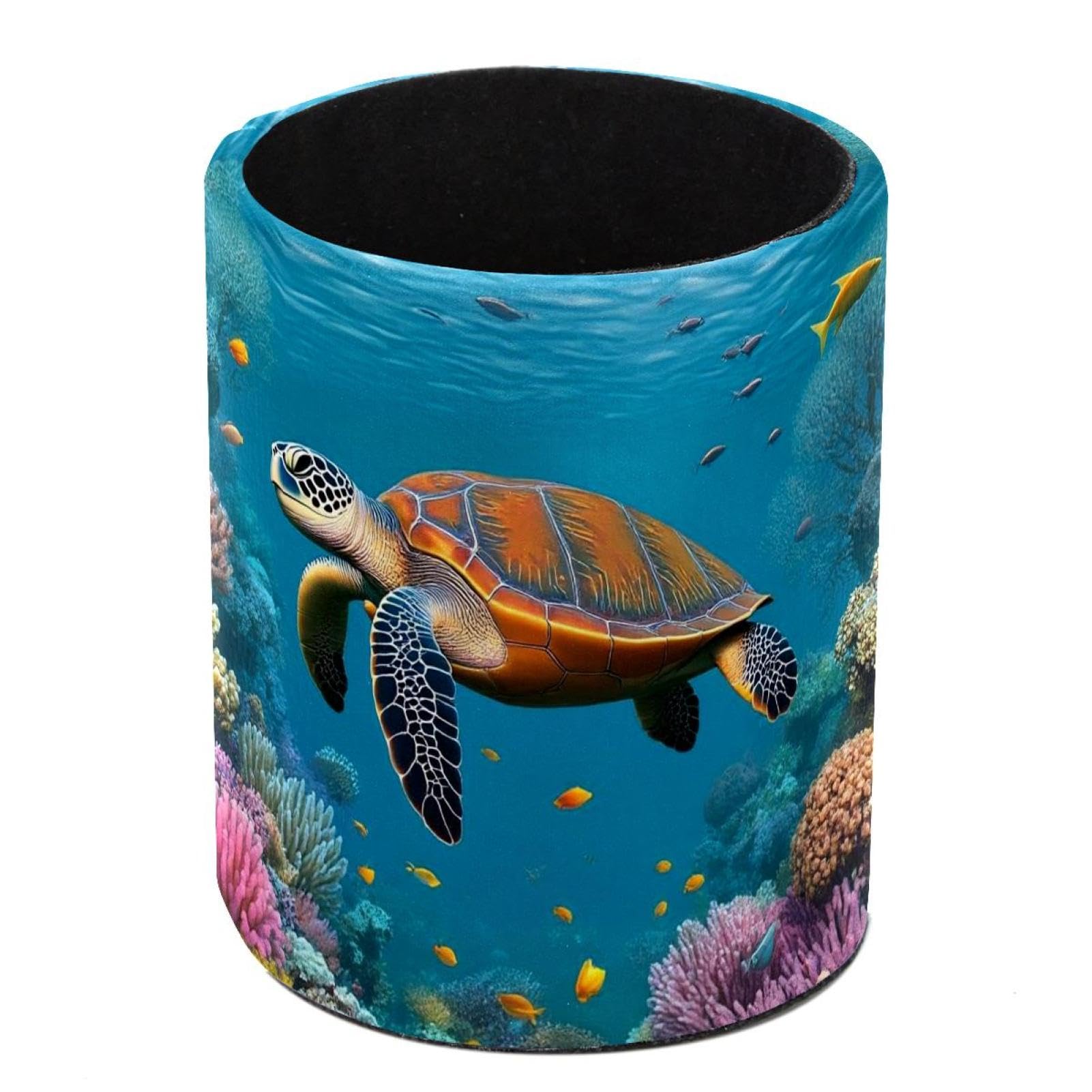 HEOEH Turtle Fish Coral Pen Holder for Desk, PU Leather Pencil Holder Pen Cup Marker Holder Makeup Brush Holders, Desk Accessories & Workspace Organizers for Home, Office
