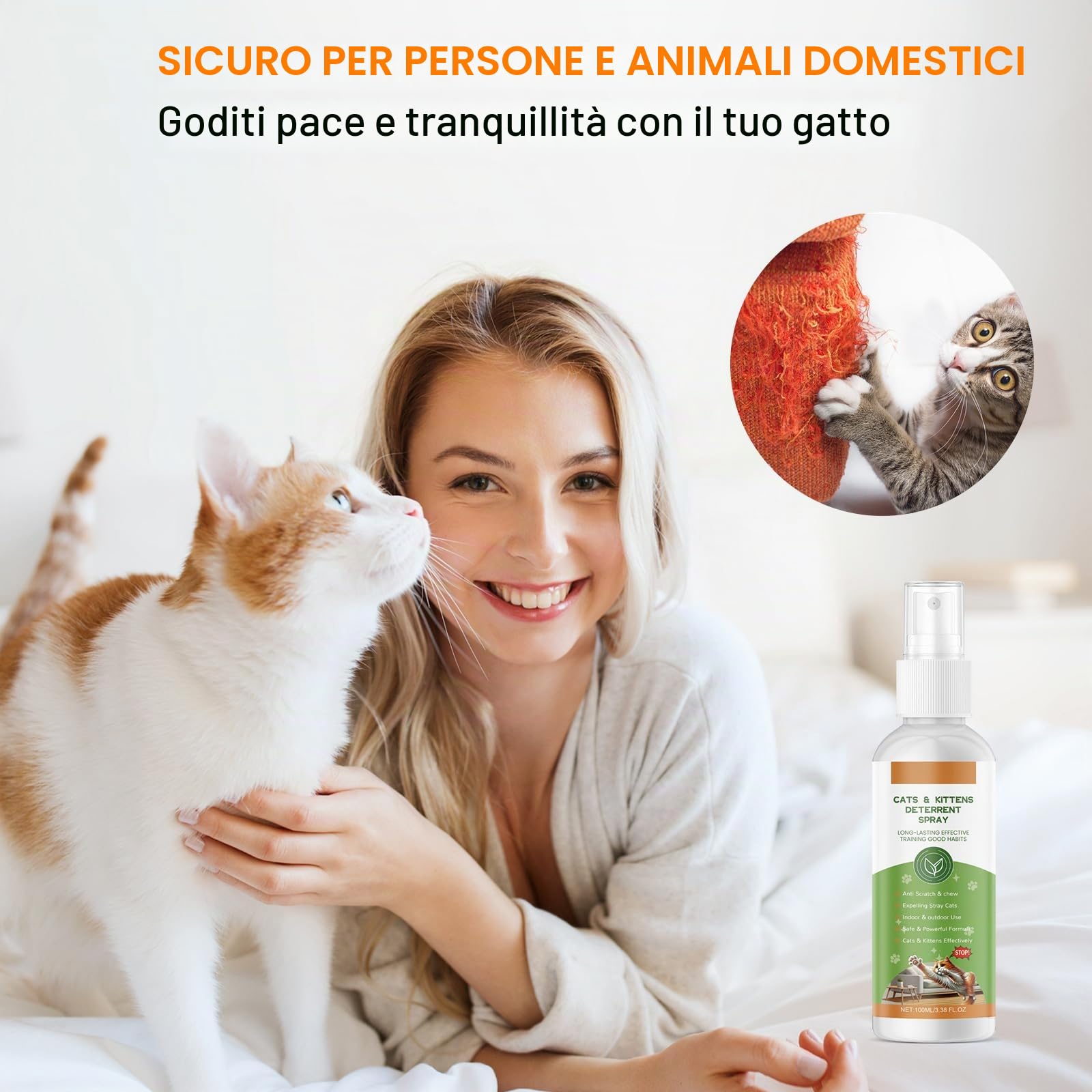 100ML Spray Repellente per Gatti, Spray Disabituante Gatti, Repellente Gatti e Spray AntiGraffio per Gatti Divano, Uso Interno ed Esterno, Protezione del Divano, Cavi, Vestiti, Piante e Mobili