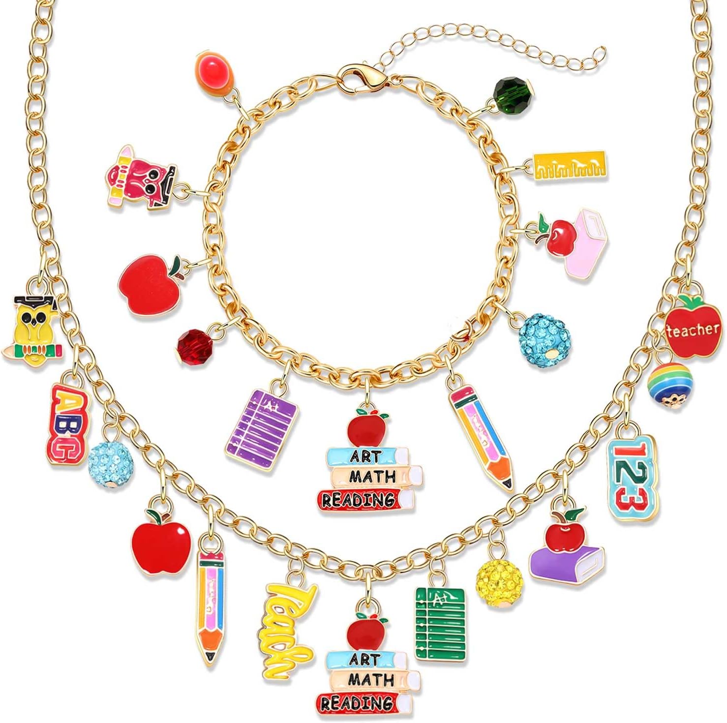 YAHPERN Teacher Necklace Earrings Bracelet for Women, Teacher Accessories, Cute Apple Pencil Book Charms Bracelet Choker Necklace Apple Earrings Teacher Appreciation Gifts Back To School Jewelry