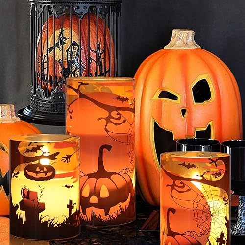 Miniatura 8 de Lasumora Velas parpadeantes de Halloween con tela de araña, calcomanías de calabaza, velas LED sin llama de vidrio naranja con control remoto, velas
