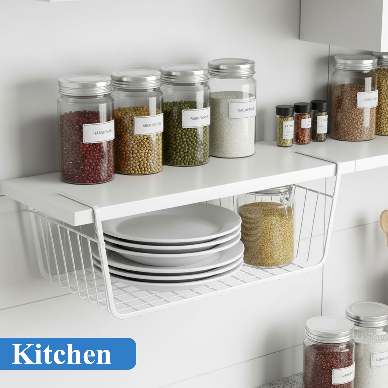 6 Stück Hängekörbe aus Draht, zum Einschieben unter Drahtregalen, Hängekorb für Küche, Speisekammer, Theke, Schreibtisch, Bücherregal (schwarz)