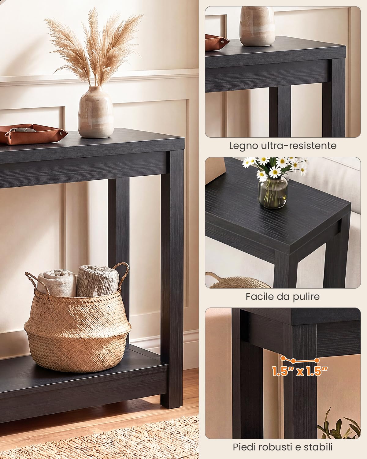 iSunirm Tavolino Console Stretto 120cm, Mobile Ingresso in Legno Stile Farmhouse, Consolle Sottile con Ripiani, Tavolo Dietro Divano o Libreria Salvaspazio, Nero Venatura a Rilievo