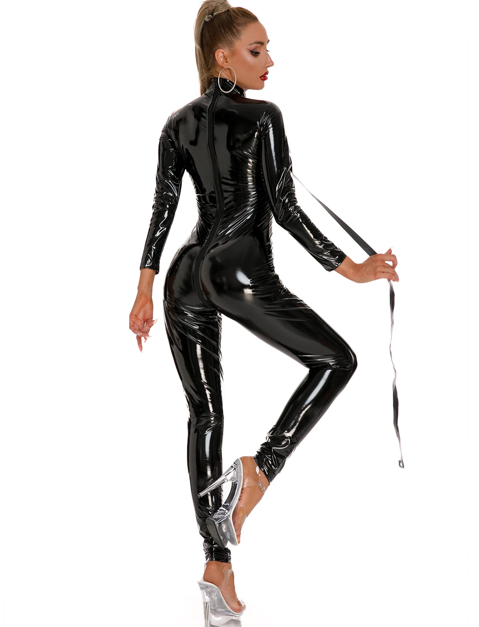 FEOYA Femme Body Leggings Latex Cuir Catsuit Manches Longues Justaucorps Cuir Bodysuit Jumpsuit Une Pièce Moulant Combinaison Wetlook Clubwear Style A S/M