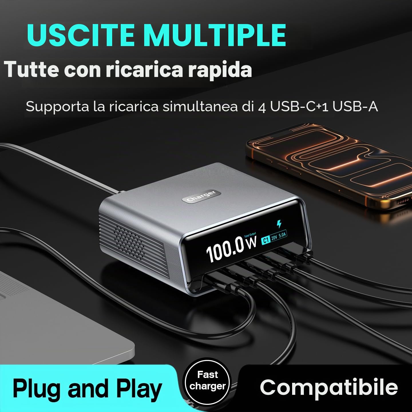 Stazione di ricarica desktop intelligente, stazione di ricarica USB C GaN3 da 100W, ultraveloce a 5 porte, USB C con PD3.0 da 100W, QC3.0, display LCD da 2,25" e quadrante di controllo intelligente