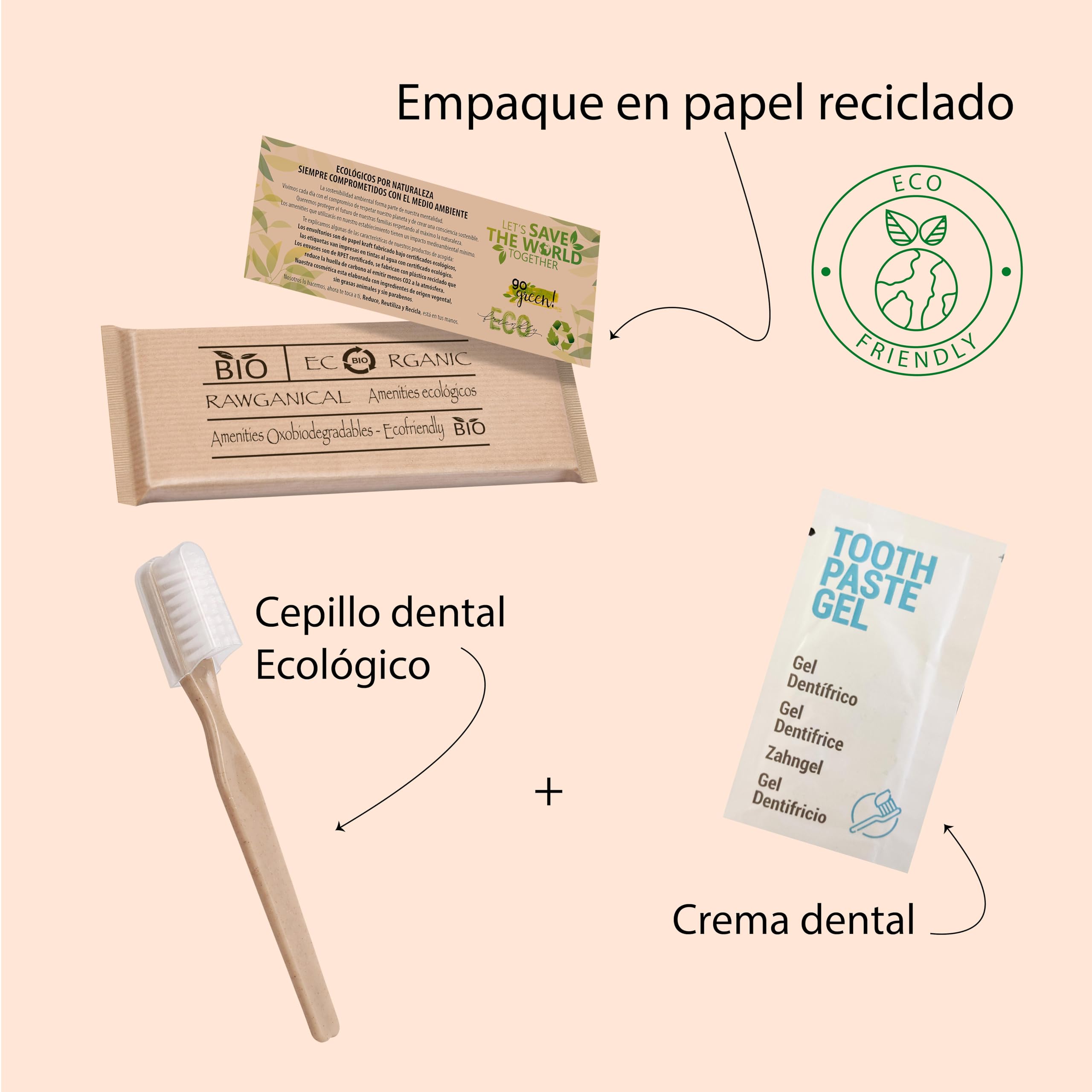 100 Sets dentales | Incluye cepillo y sobre de pasta de dientes | Kit dental ecológico envuelto individualmente | Cepillo dental color neutro | 100 Kits