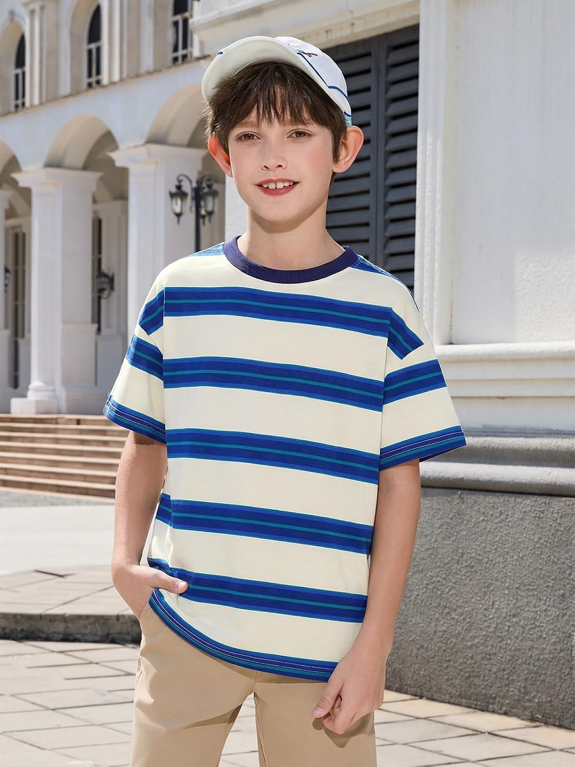 Boys Striped Short Sleeve T-Shirts Kids Casual Crewneck Drop Shoulder Summer Basic Tees Tops 5-14 Years