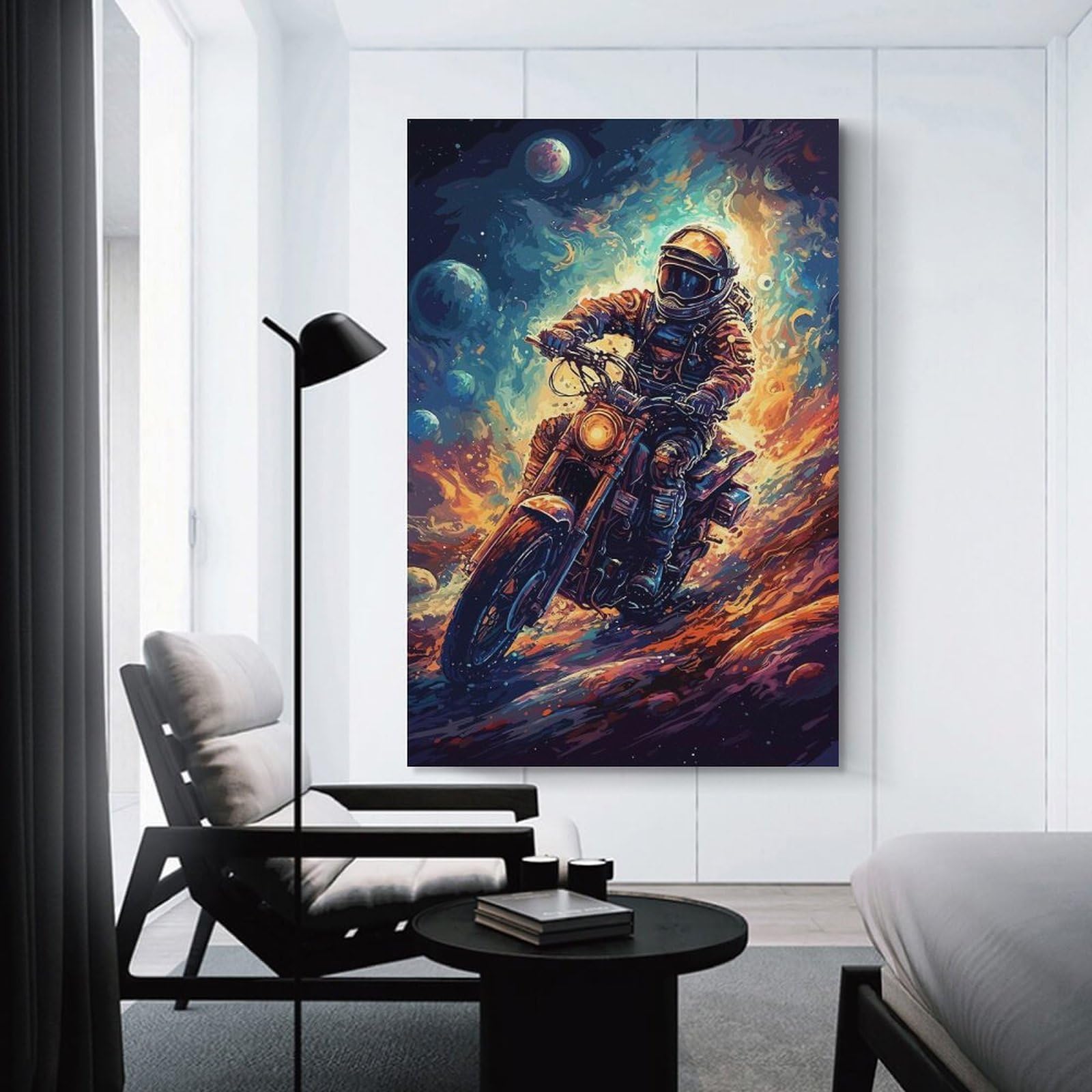 Junmoney Motorcycle Astronaut Space Home Decor Wall Art, 20x30inch(50x75cm), for Bedroom, Lounge Or Dressing Area, Canvas Wall Decor for Personal Spaces