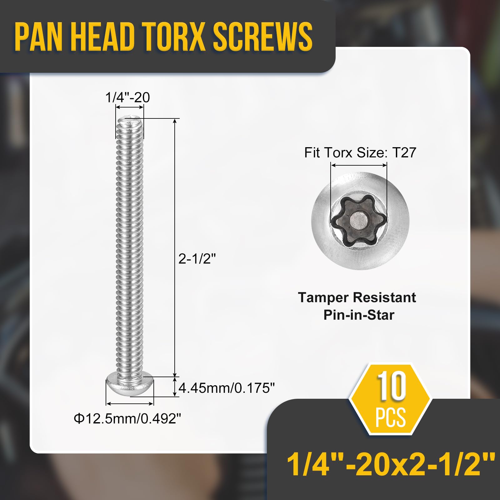 DTGN 1/4"x2-1/2" Pan Head Torx Security Screw, 10Pack, Good for Machinery - Image 2