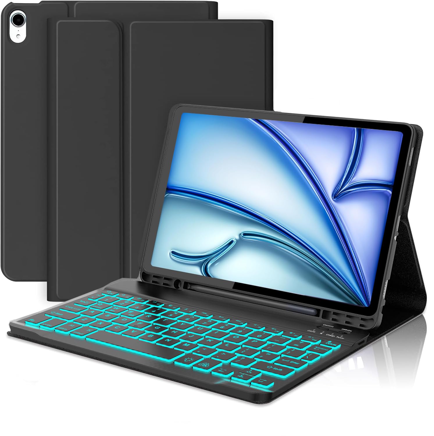 Keyboard Case for iPad Air 11-inch (M3 2025 / M2 2024) 7 Color Backlit Wireless Detachable Keyboard with Pencil Holder for iPad Air 11 2024, Black
