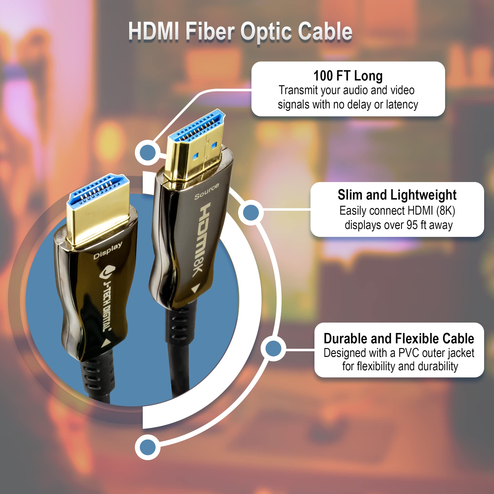 J-Tech Digital Cavo HDMI 8K 100ft (30m) fibra ottica HDMI 2.1, HDCP 2.3 | 8K 60Hz, 4K 120Hz, 4K 144Hz | HDR10, ARC, eARC | 48Gbps ultra alta velocità [JTECH-FCAB8K100]
