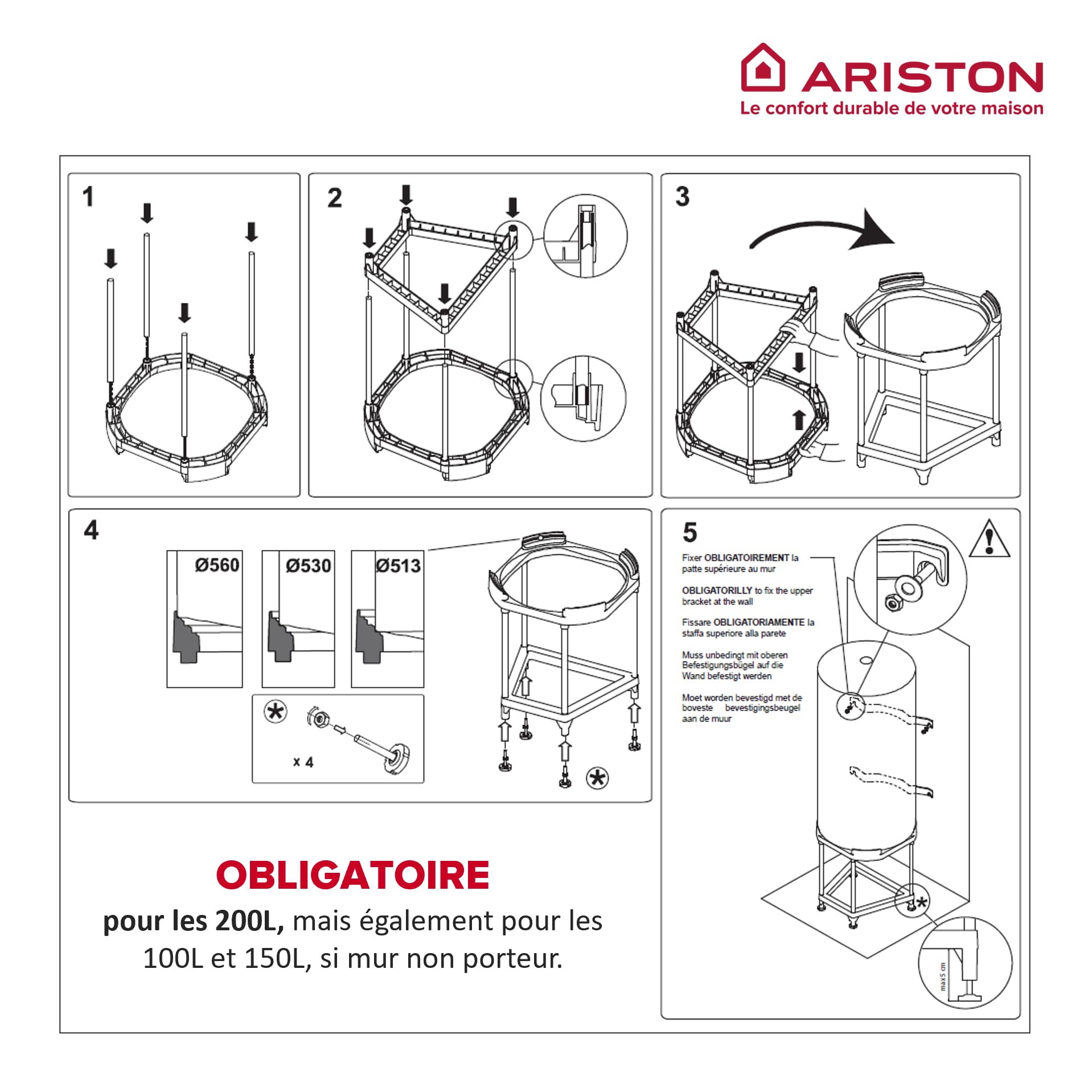 Ariston - Trepied Universel Ajustable pour Chauffe-eau Cylindrique - Diamètres 513-530-560 mm - Support Universel pour Chauffe eau muraux - Trépied 4 Pieds Réglables - 4090027