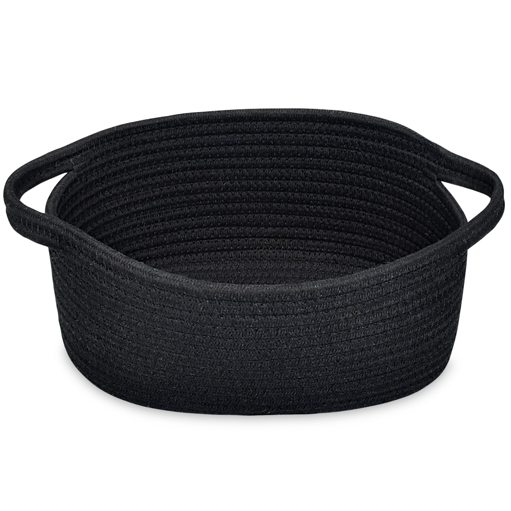 ABenkle Small Basket with Handles, Boho Decorative Rope Woven Dog Cat Toy Storage Bin Shelf Storage Organizer, Easter Christmas Gift Basket, 12"x8"x5", Black