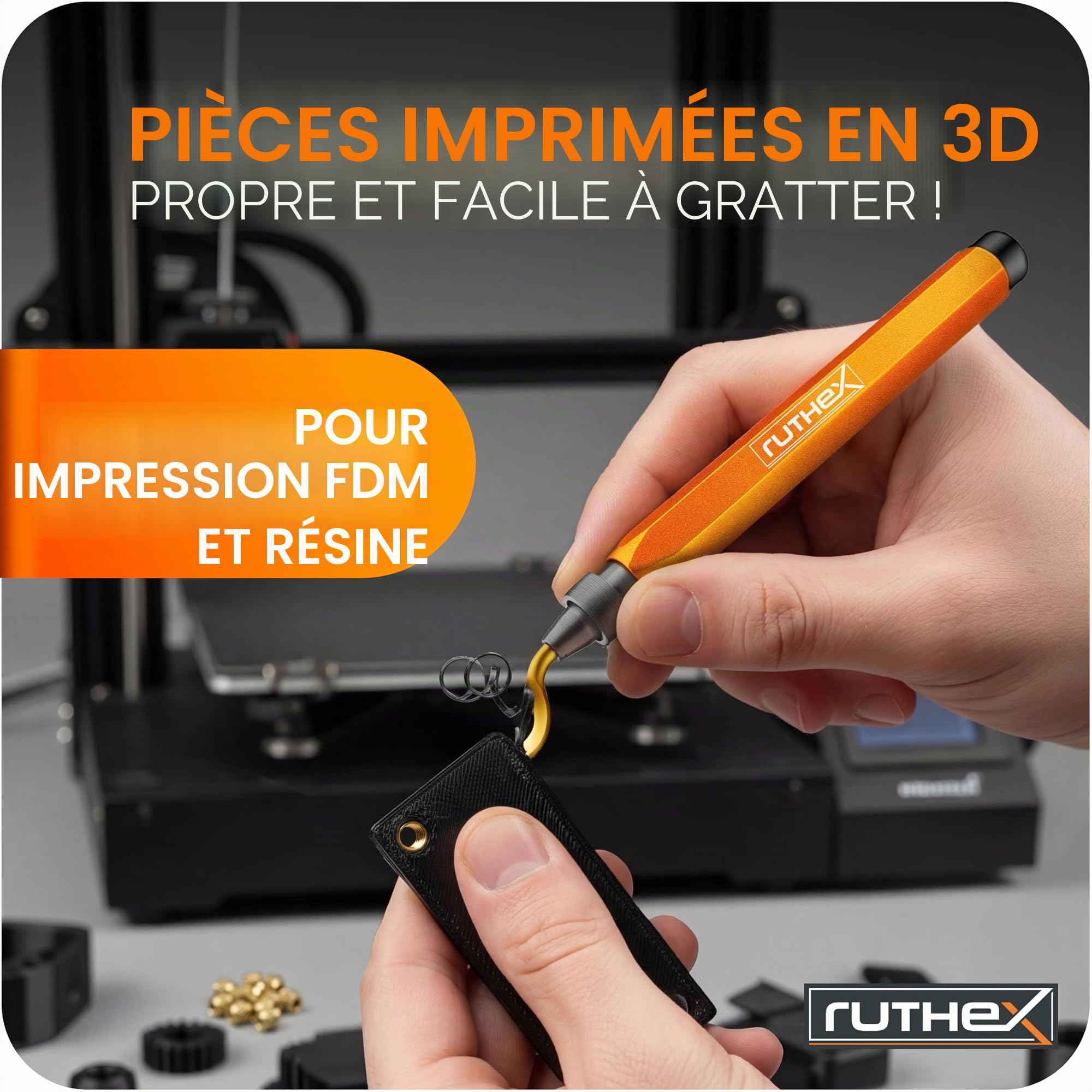 ruthex Ébavureur dans une boîte en métal avec 11 lames pour plastique, métal, acier inoxydable - Idéal en impression 3D - Ébavureur manuel avec compartiment de rangement - Lames d'ébavurage