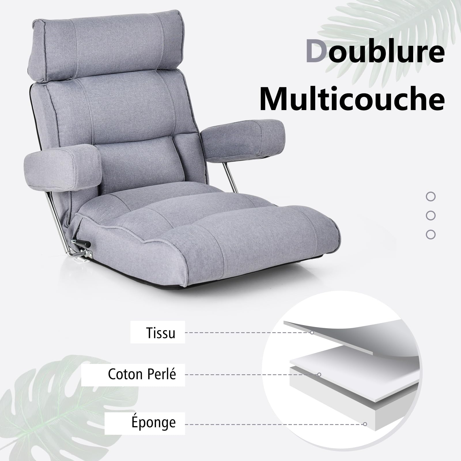 RELAX4LIFE Fauteuil de Sol Pliable avec Dossier Réglable 90-180°|Appui-Tête Réglable|Support Lombaire|Position à Plat|Accoudoirs Rabattables, Fateuil Relaxant pour Salon Chambre Bureau (Gris)