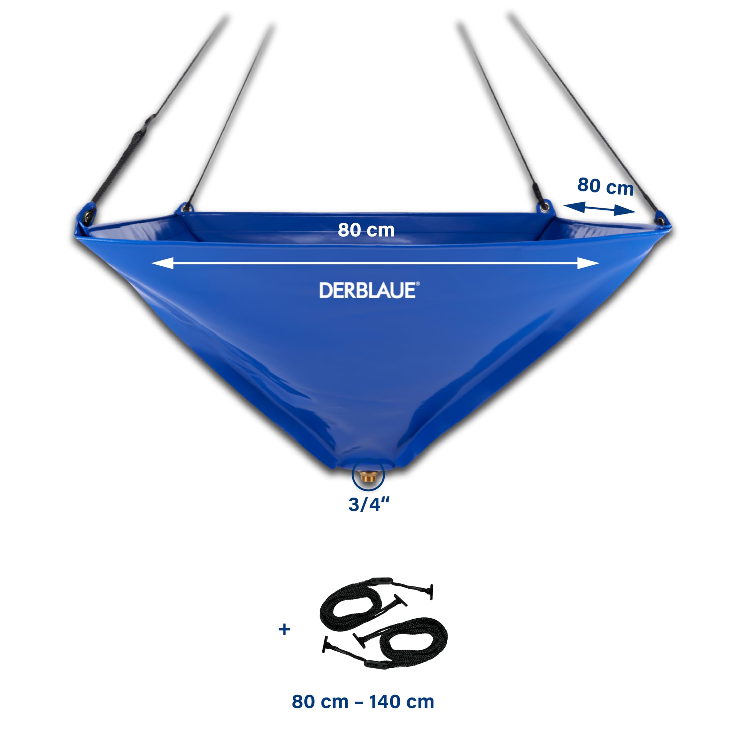 DERBLAUE® Trichter 80 x 80 cm, ca. 50 Liter, 3/4 Zoll Anschluss | mit höhenverstellbarem Aufhängesystem, stabil im Einsatz dank Fiberglasstäbe, mit einsetzbarem Filtersieb, geringes Packmaß