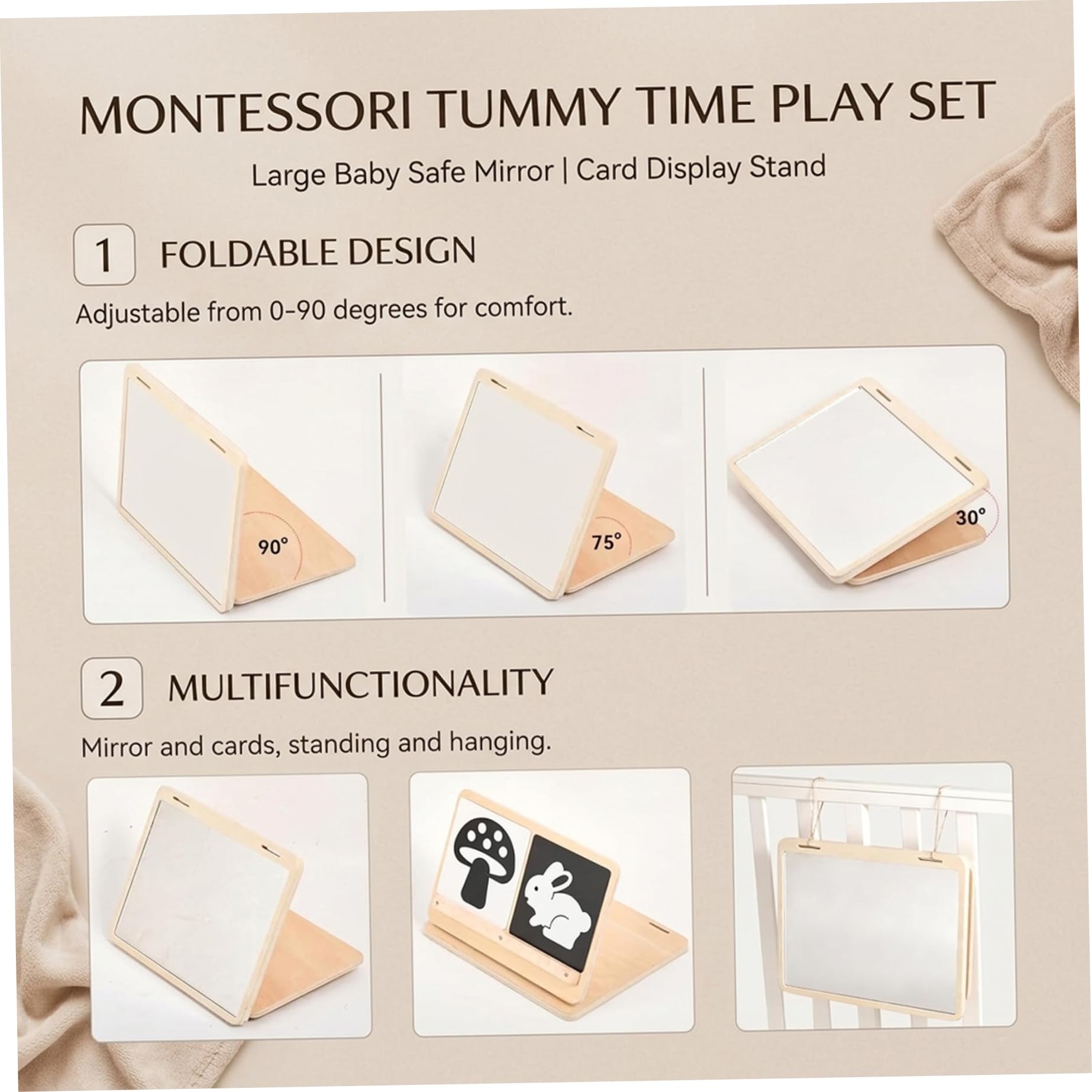 Juguete para bebé con espejo boca abajo, juguete sensorial con espejo Montessori con soporte ajustable y tarjetas visuales, de madera para recién nacidos de 0 a 3 meses para desarrollo visual.