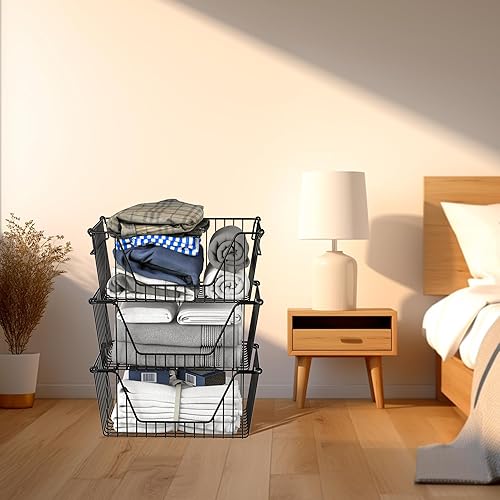 Miniatura 3 de SANNO Cestas apilables de alambre negras apilables para almacenamiento de verduras, despensa, refrigerador y organización de baño, paquete de 3