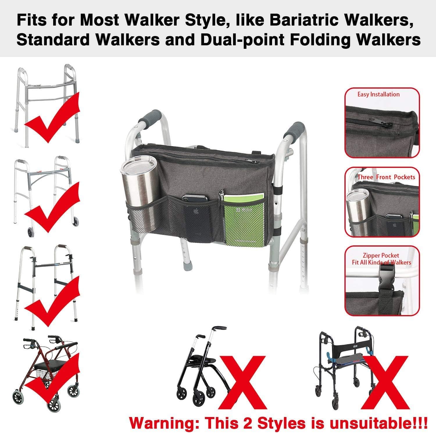 🛒 Flash Sale Update Walker Bag Hand Free Storage Bag Walker Attachment Handicap Basket Pouch for Rollator, Wheelchair, Folding Walkers (Black) Best Cyber Deals 🔥 Update Walker Bag Hand Free Storage Bag Walker Attachment Handicap Basket Pouch for Rollator, Wheelchair, Folding Walkers (Black)