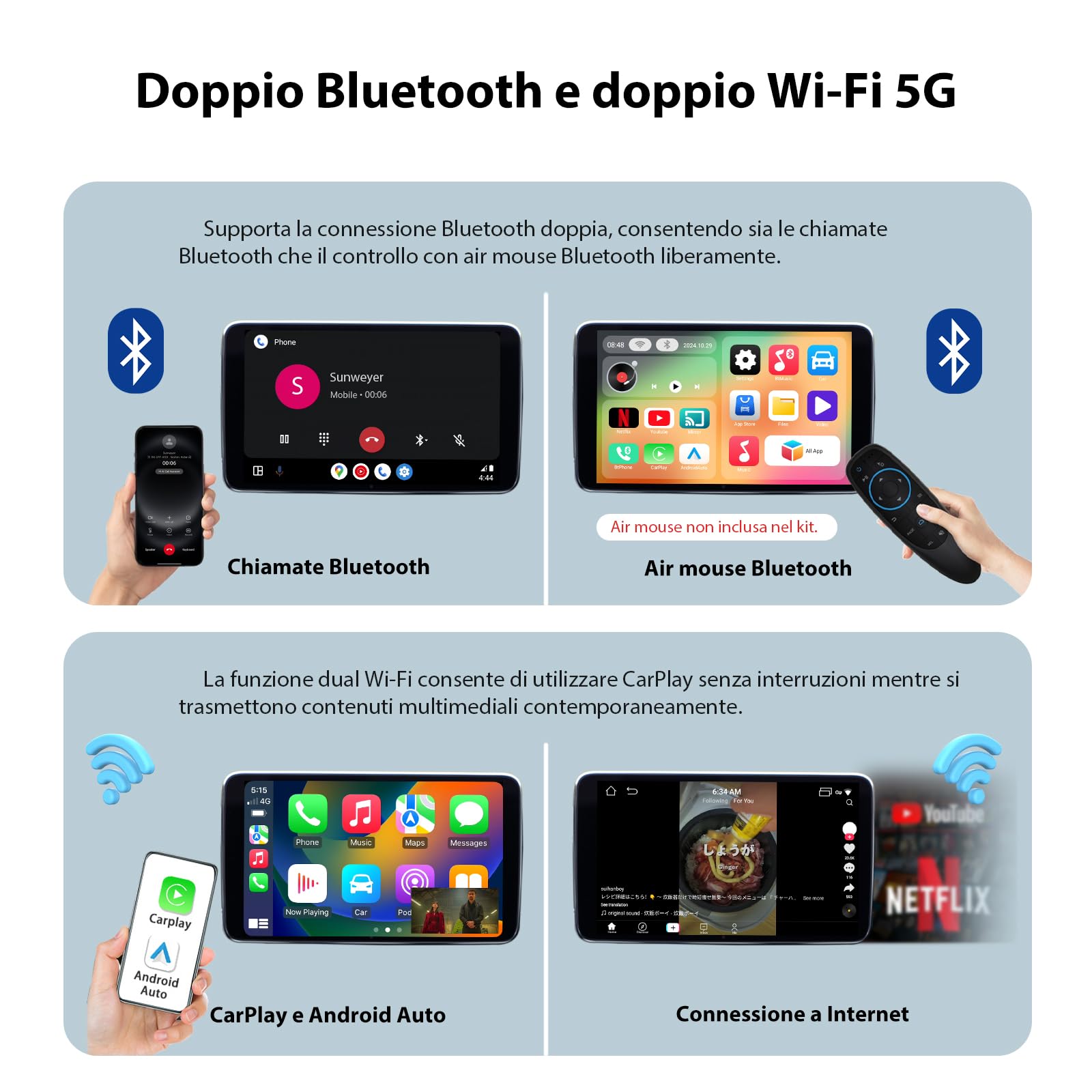 Sunweyer Adattatore Wireless CarPlay per Auto, Dispositivo di Streaming Ai Box, Supporto Netflix, YouTube, Hulu, Disney+, Adattatore Wireless Android Auto con LED, Doppio WiFi (SW12 Pro)