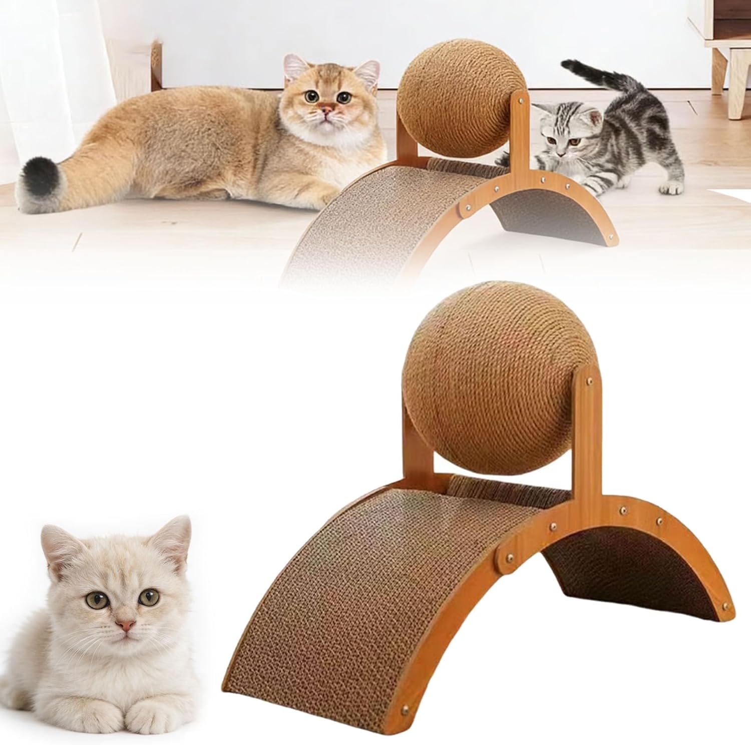 Cat Scratching Ball on Stand - Solid Wood Interactive Cat Scratcher with 360° Rotating Natural Sisal Ball, Durable Cat Scratch Toy for Indoor Cats & Kittens, Protects Furniture & Rugs (Large)