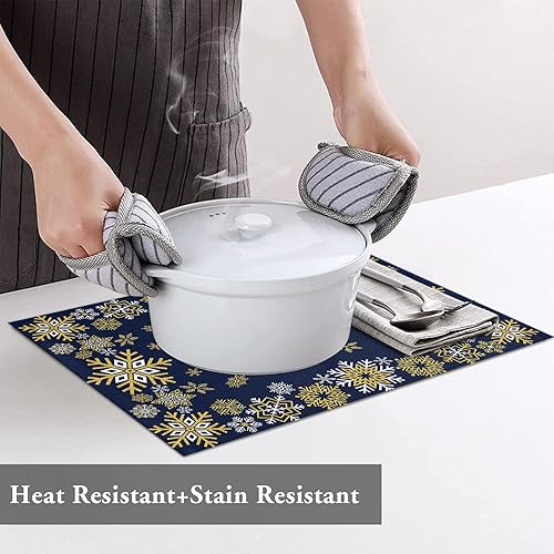 Miniatura 4 de Juego de 6 manteles individuales de Navidad con copos de nieve dorados y blancos, resistentes al calor, lavables, color azul marino, de algodón,