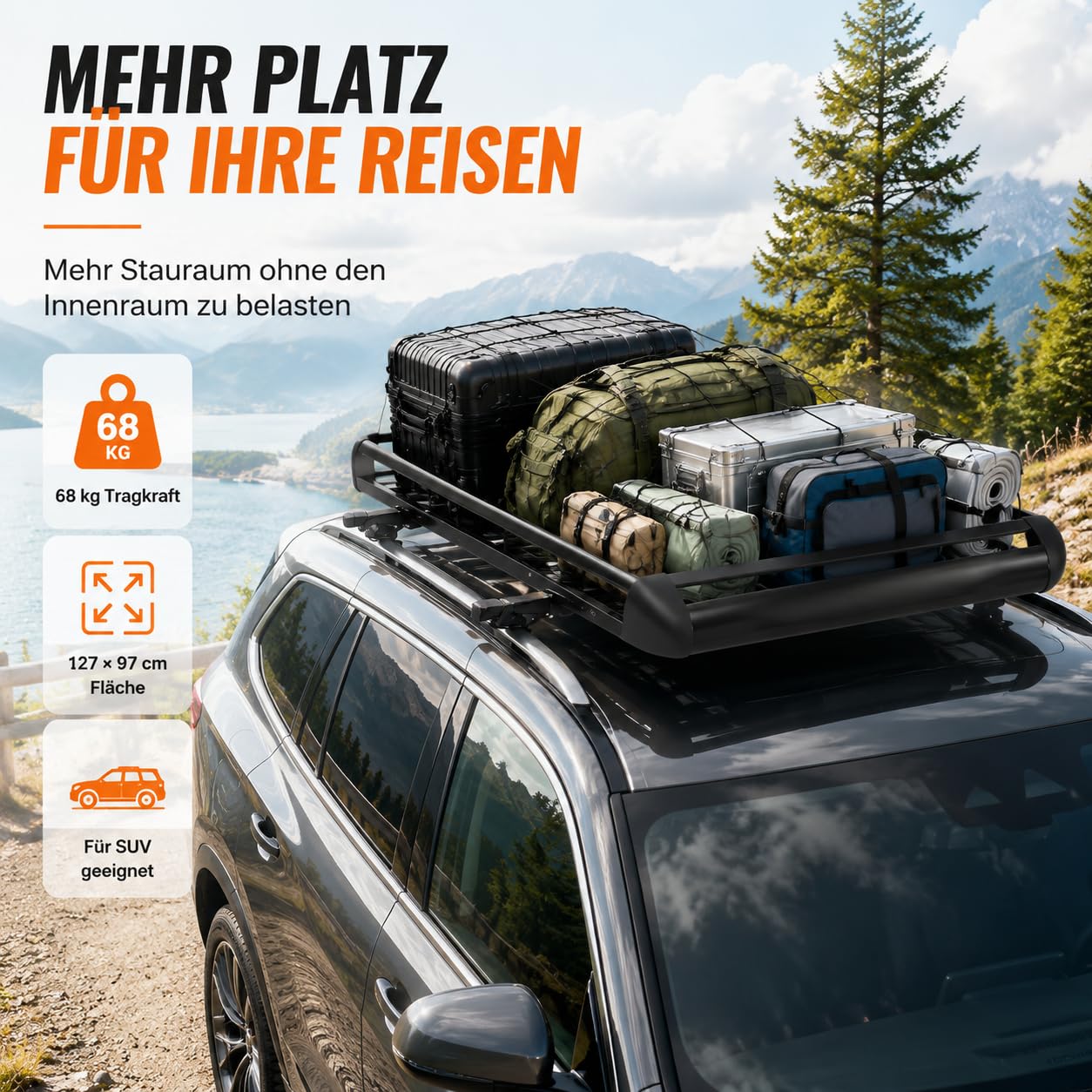 Portaequipajes de aluminio universal para techo 127x97cm, portaequipajes de doble piso con deflector de viento, portaequipajes en forma de canasta para SUV con capacidad de carga de 150kg