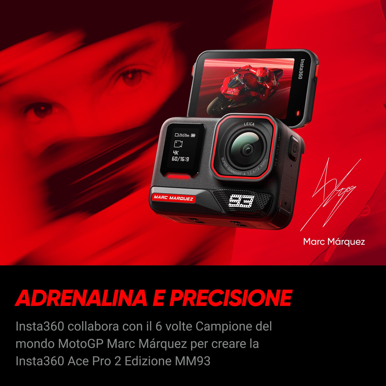 Insta360 Ace Pro 2 Edizione MM93, Action cam 8K Creata in collab con Marc Márquez, videocamera per moto, superba in bassa luce, riduzione rumore del vento, touchscreen direzionale ed editing IA.