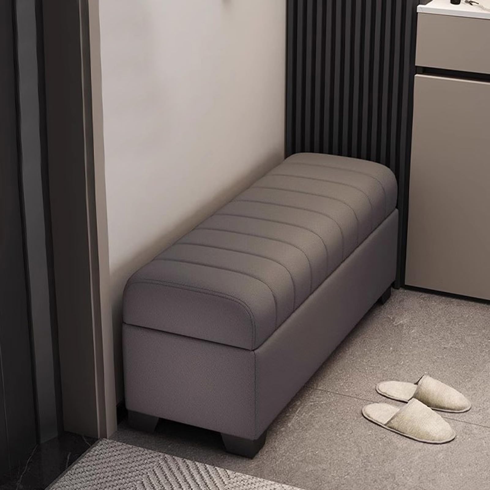 Banc de rangement en cuir rembourré avec pieds pour bout de lit et entrée