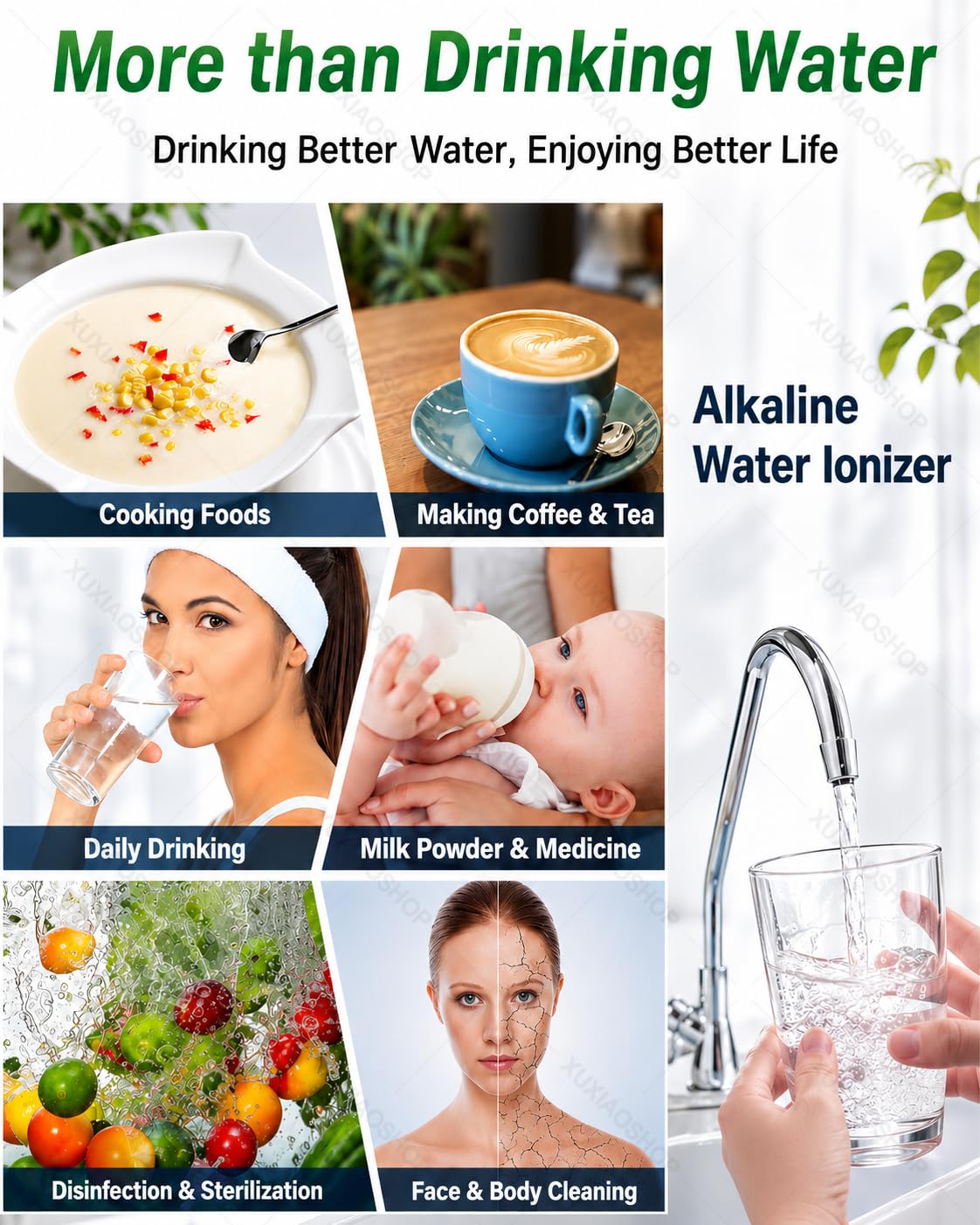 Jonizator wody alkalicznej, pH 3,5-10,5, system filtracji wody do domu Blue | 7 ustawień wody, 8000 litrów na filtr, automatyczne czyszczenie, inteligentny głos