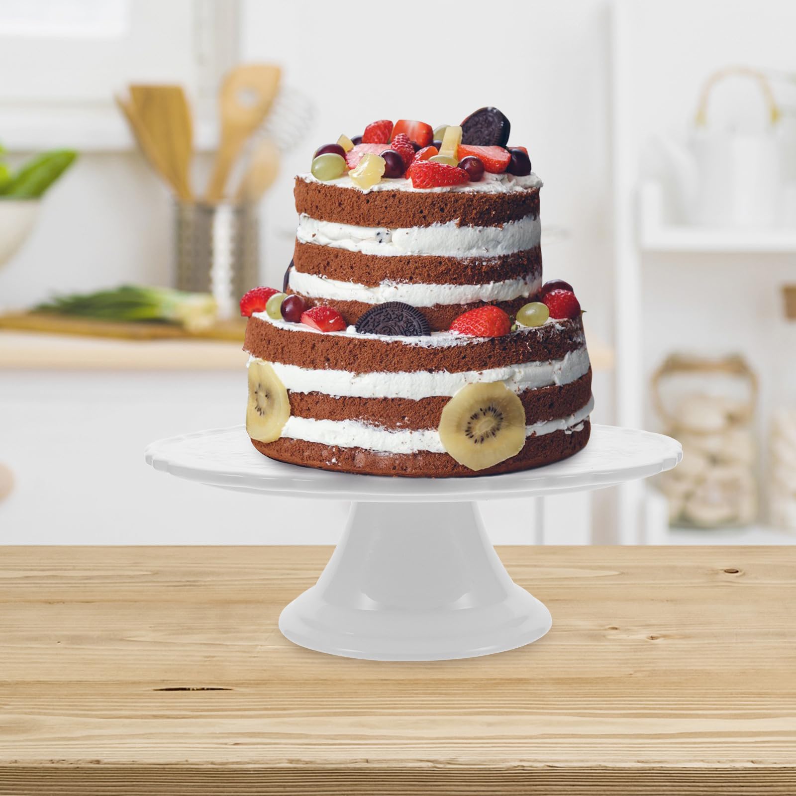 Alzatina per Dolci in Ceramica Bianca 28cm Rilievo | Piatto Alto per Dessert e Frutta, Uso Domestico e Lauree, Design Elegante