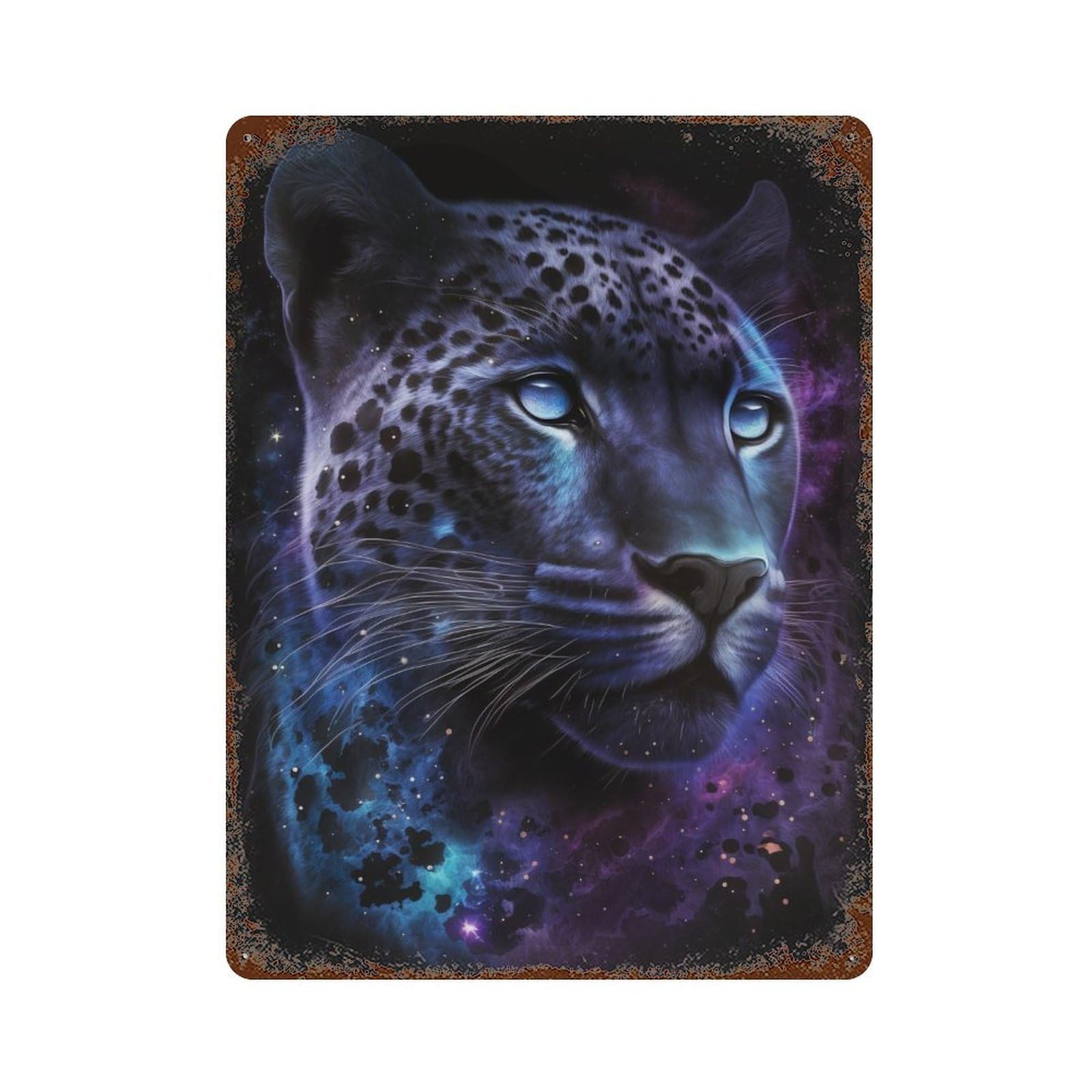Cosmic Leopard Portrait Weathered Tin Sign 15.7"x11.8", Rustic Home Decor for Garage, Pub Or Kitchen