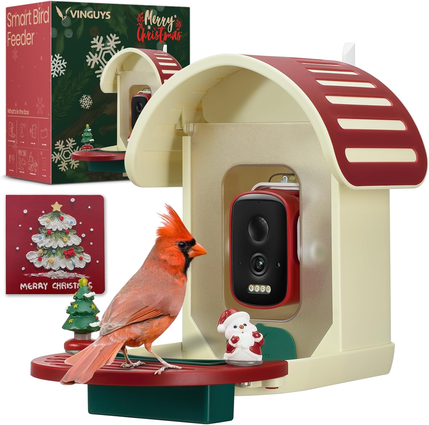 VINGUYS® Bird Feeder with Camera – Christmas Limited, Smart Bird Feeder with Gift Packing, AI Recognize Bird Species, Auto-Capture 2.5K UHD Bird Video, Solar Powered, Ideal Gift