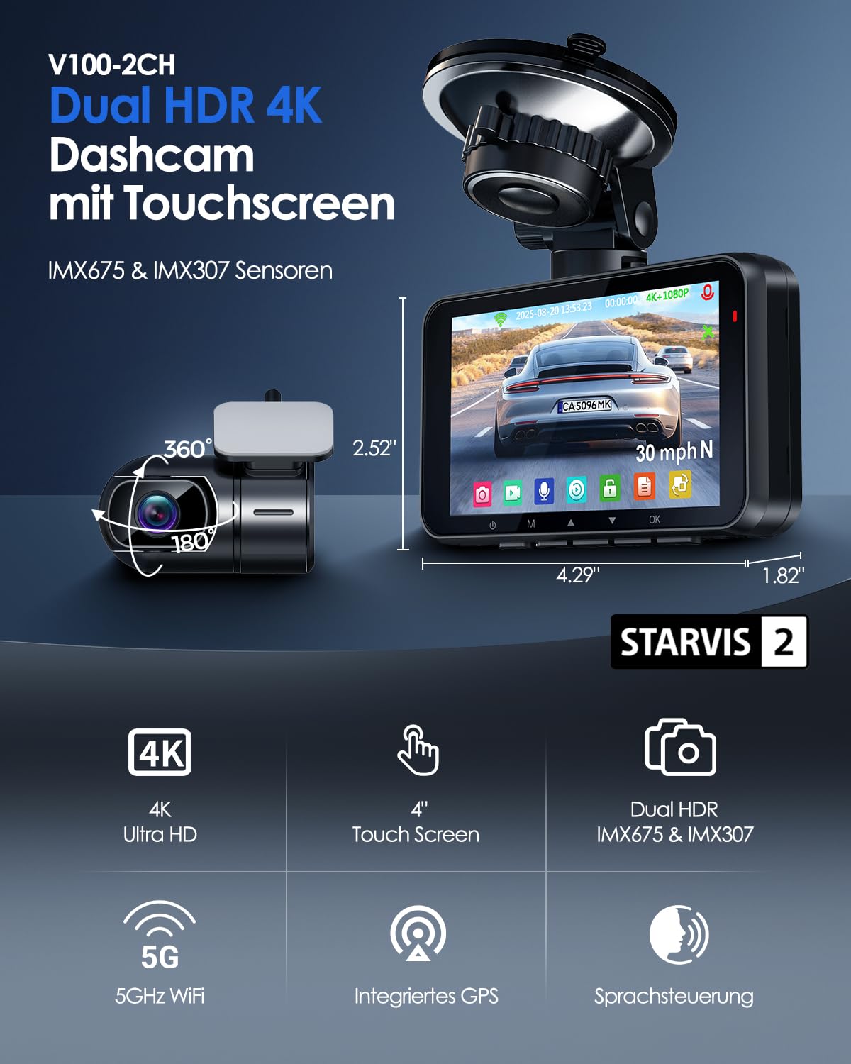 HUPEJOS 4K Dashcam Auto Vorne Hinten, Touchscreen 4 Zoll, STARVIS 2, V100