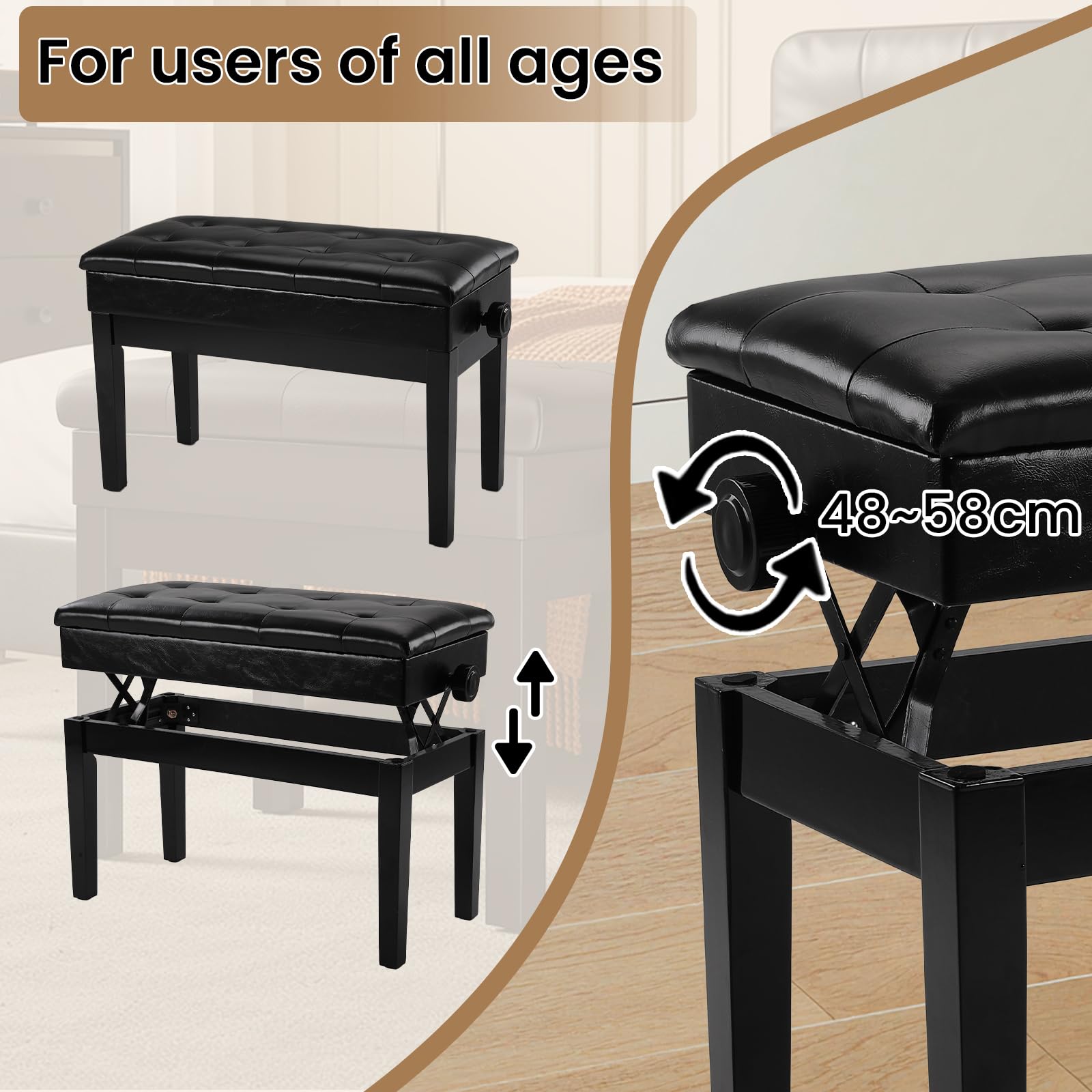 Clevich Banquette Piano Double Réglable en Hauteur, Banc de Piano avec Espace de Rangement et Coussin en Cuir PU, Charge maximale : 200 kg, Noir