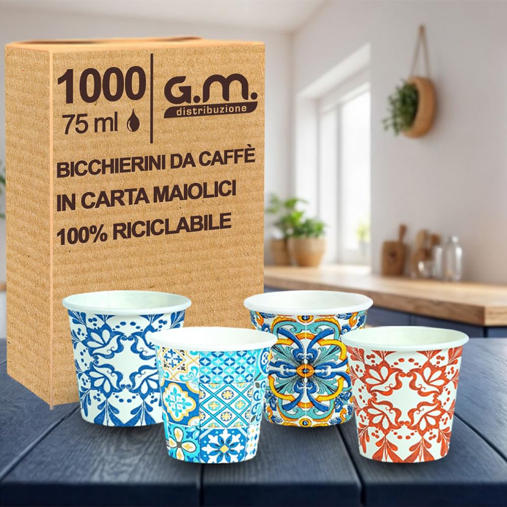 G.. DISTRIBUZIONE 1000 Pezzi Bicchieri da Caffè in Carta Colorati con Grafiche iste, 75 l
