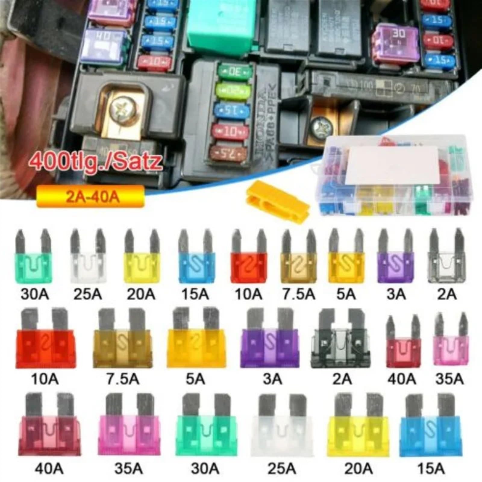 400 Uds. Surtido de cuchillas de fusibles for coche, juego de fusibles estándar/Mini de aluminio, kits surtidos for automóviles y camiones ATM APM + 1 Clip amarillo