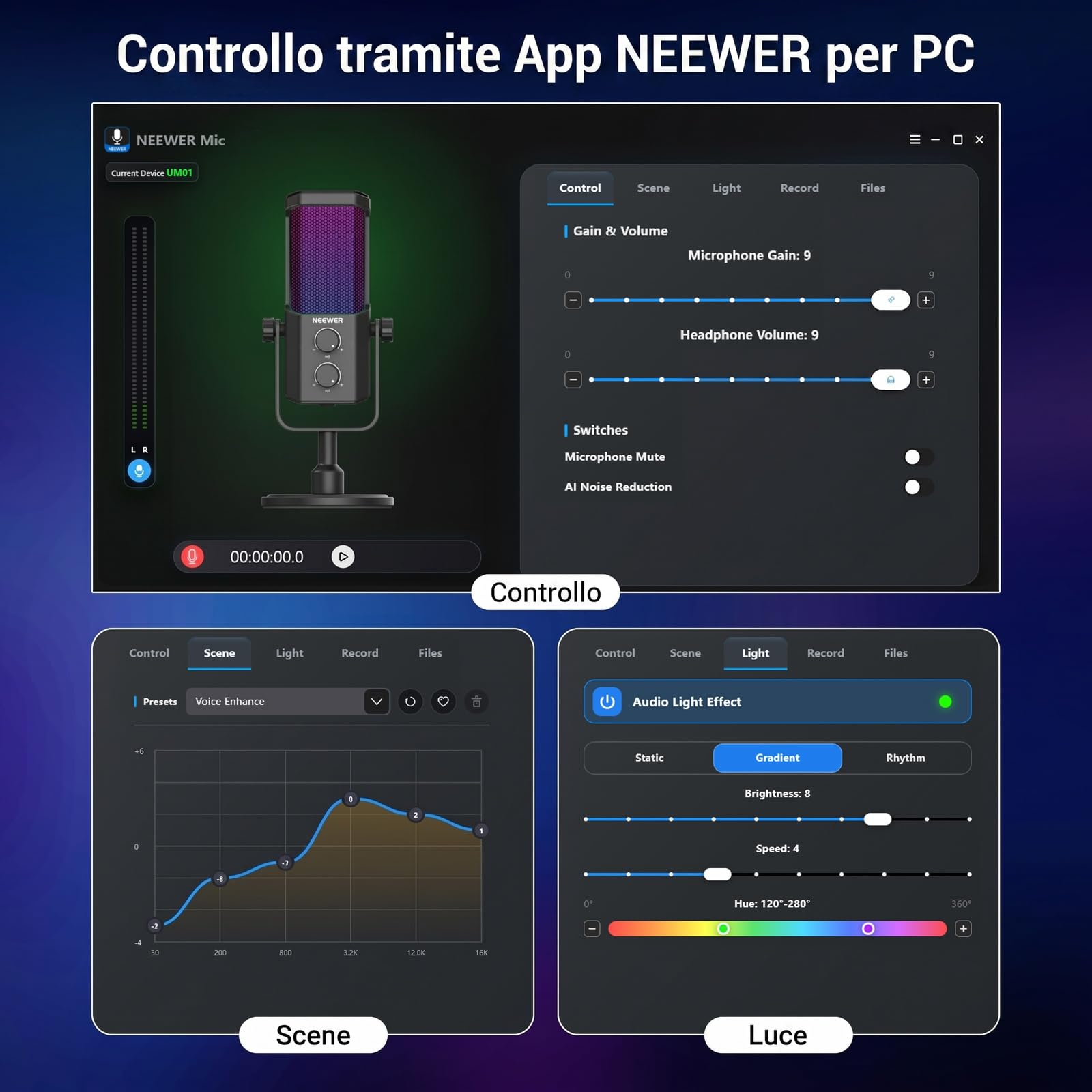 NEEWER UM01 Microfono USB con Anti Rumore AI, Mic a Condensatore Cardioide RGB Plug e Play,Muto/Sinc Musica/Controllo App per Android Windows PC Mac PS4/5 Gioco Registrazione Streaming Podcast Studio