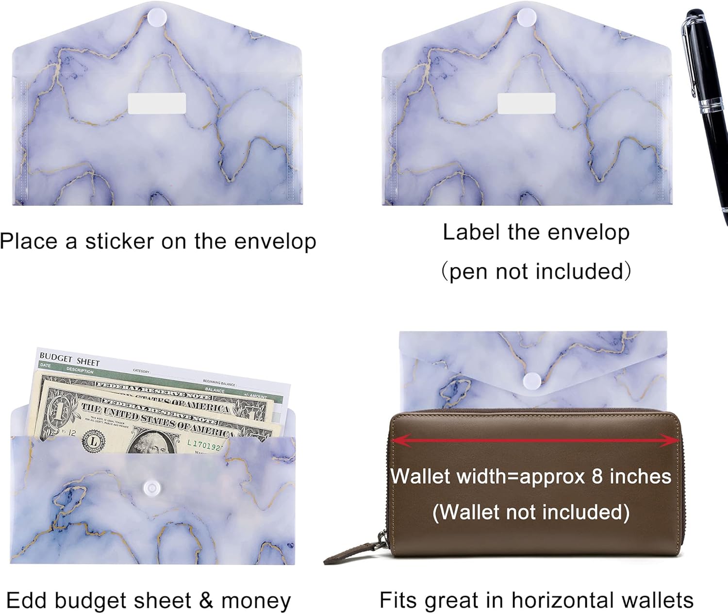 Yoption 32Pcs Cash Envelope System, 15 Pack Waterproof Reusable Plastic Budget Envelopes, 15 Pcs Expense Tracking Budget Sheets and 24 Bill Planner Stickers (Marble Print) : Office Products