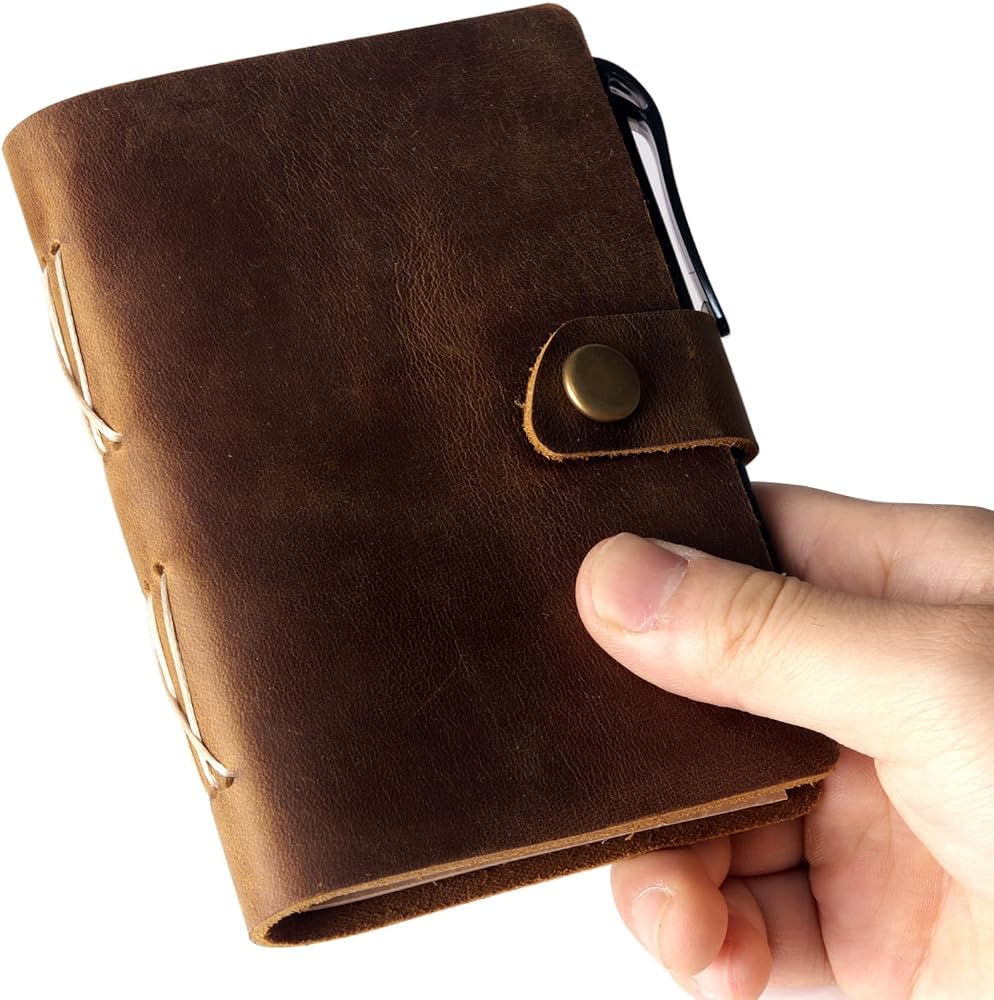 Leather Mini Items Pocket Notebook with Pen,Genuine Leather Journal Mini Notebook Sma