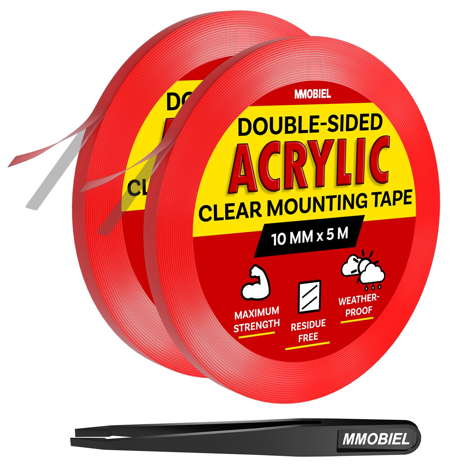 Double-Sided Mounting Tape Acrylic [2 Pack] - 5m x 10mm Indoor / Outdoor Adhesive - Heavy Duty Removable Clear Nano Tape - Picture Hanging Wall Tape, Carpet Fix Rug Tape, Waterproof - incl. Tweezer