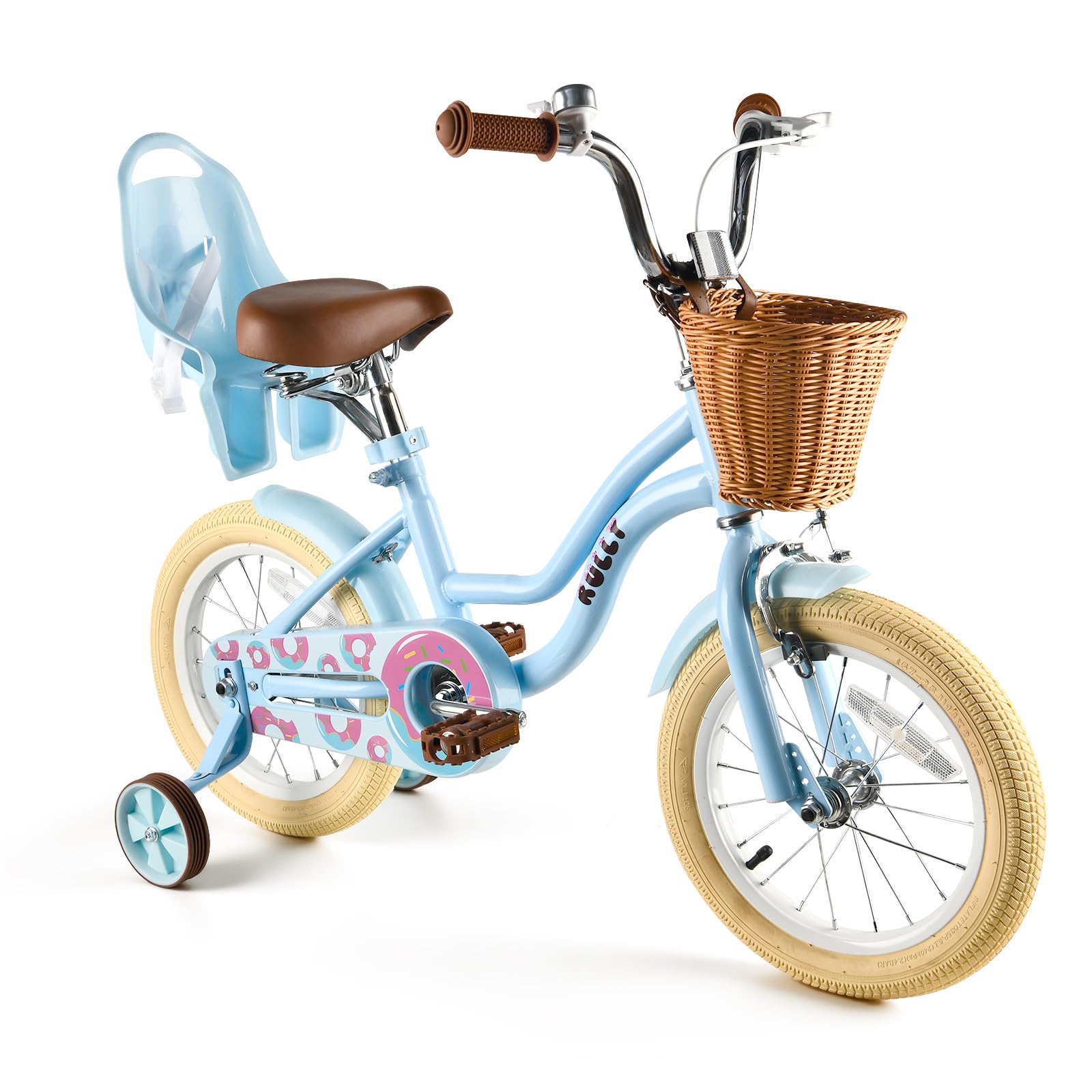 RULLY Bicicleta infantil para niña, bicicleta de ejercicio con ruedas estabilizadoras, cesta y asiento de muñeca, asiento ajustable, bicicleta para niños de 2 a 7 años, color rosa, morado, azul