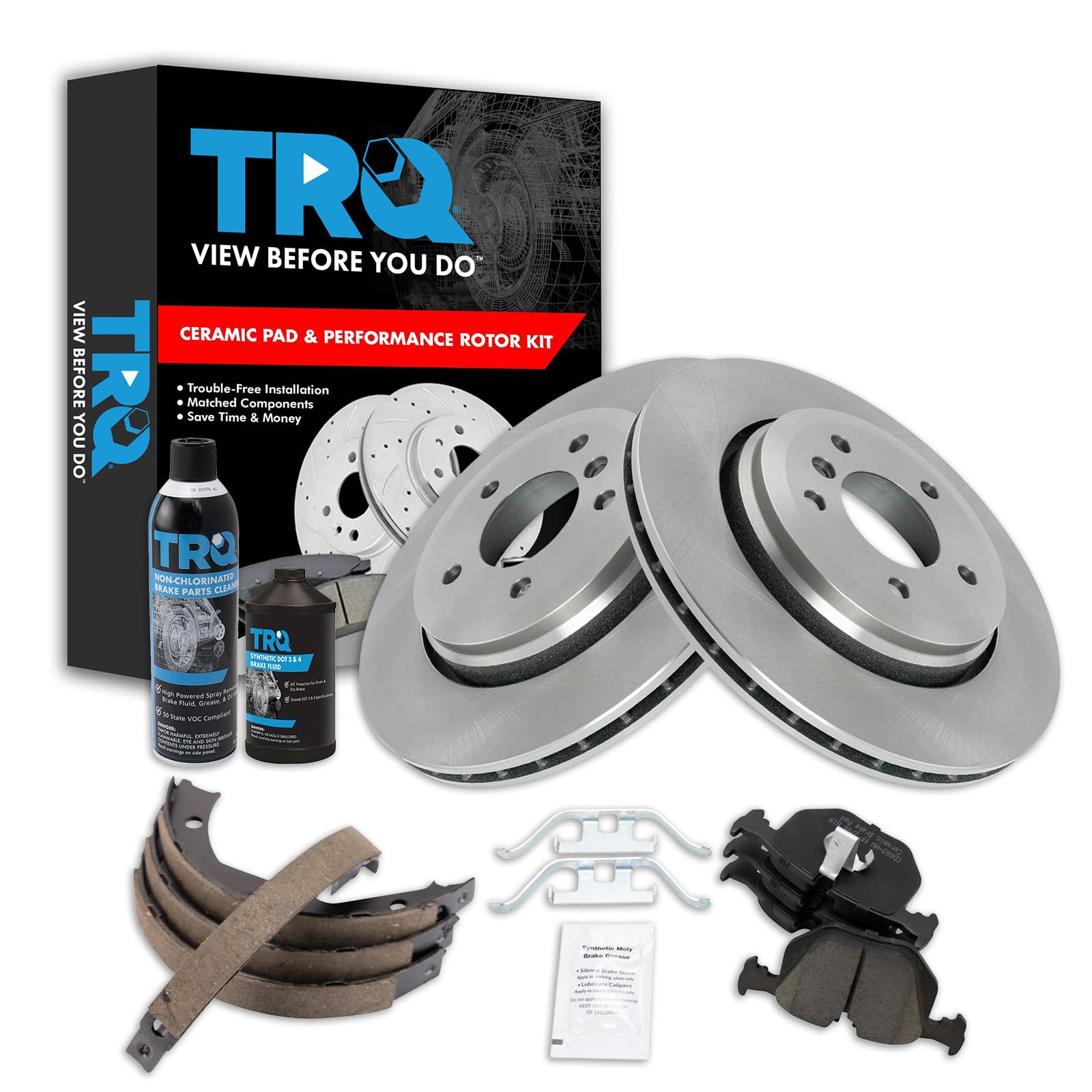 TRQ Rear Brake Pad &amp; Rotor Kit, with Chemical Kit Parking Brake Shoe Set Ceramic Compatible with 2001-2006 BMW 330Ci 2001-2005 330i 330xi