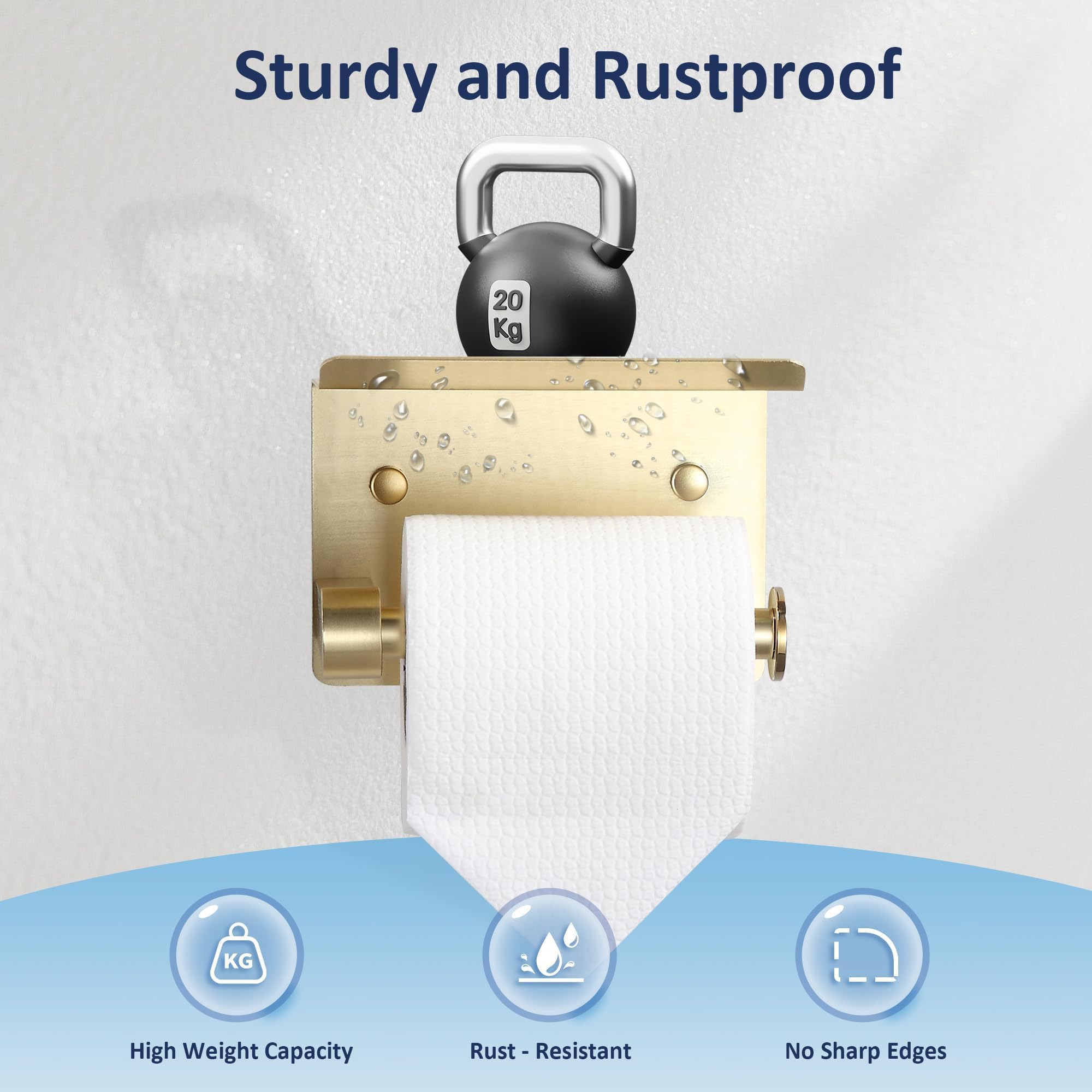BGL Toilet Paper Holder with Shelf, Jumbo Roll Toilet Paper Holder for Large Rolls,Brushed Gold Adhesive Toilet Roll Holder for Bathroom，Renter Friendly Toilet Paper Holder — Amazon image 5