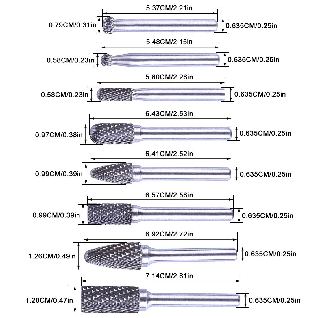 Batop - Set di 8 frese in metallo duro da 6,35 mm per legno, metallo, marmo, levigatura, lucidatura, incisione, foratura, ecc.