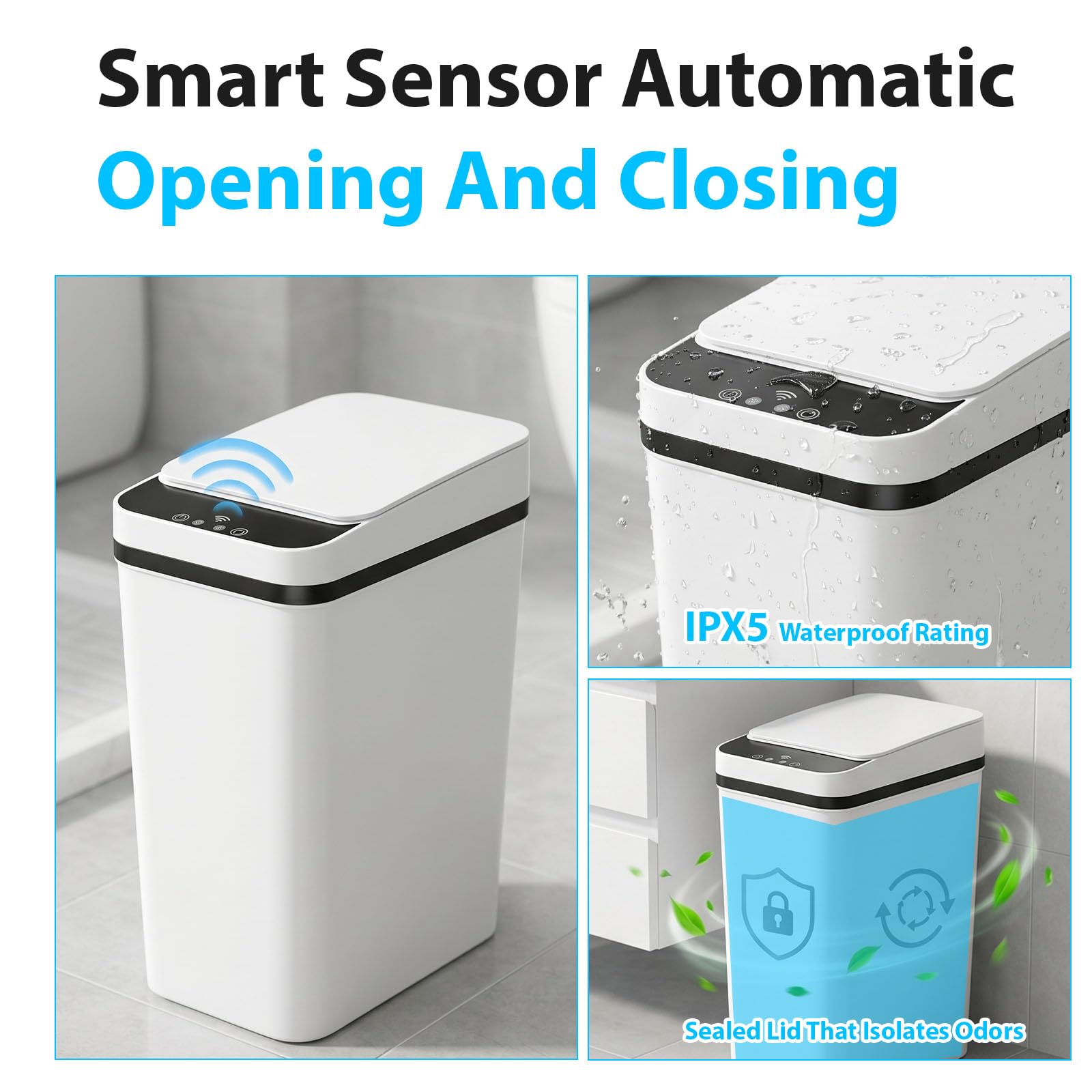 Cubo de Basura Automático con Sensor 12L, Set de 2 Papelera Inteligente con Tapa Automática Silenciosa e Impermeable, Sin Contacto para Baño, Cocina, Oficina, Dormitorio