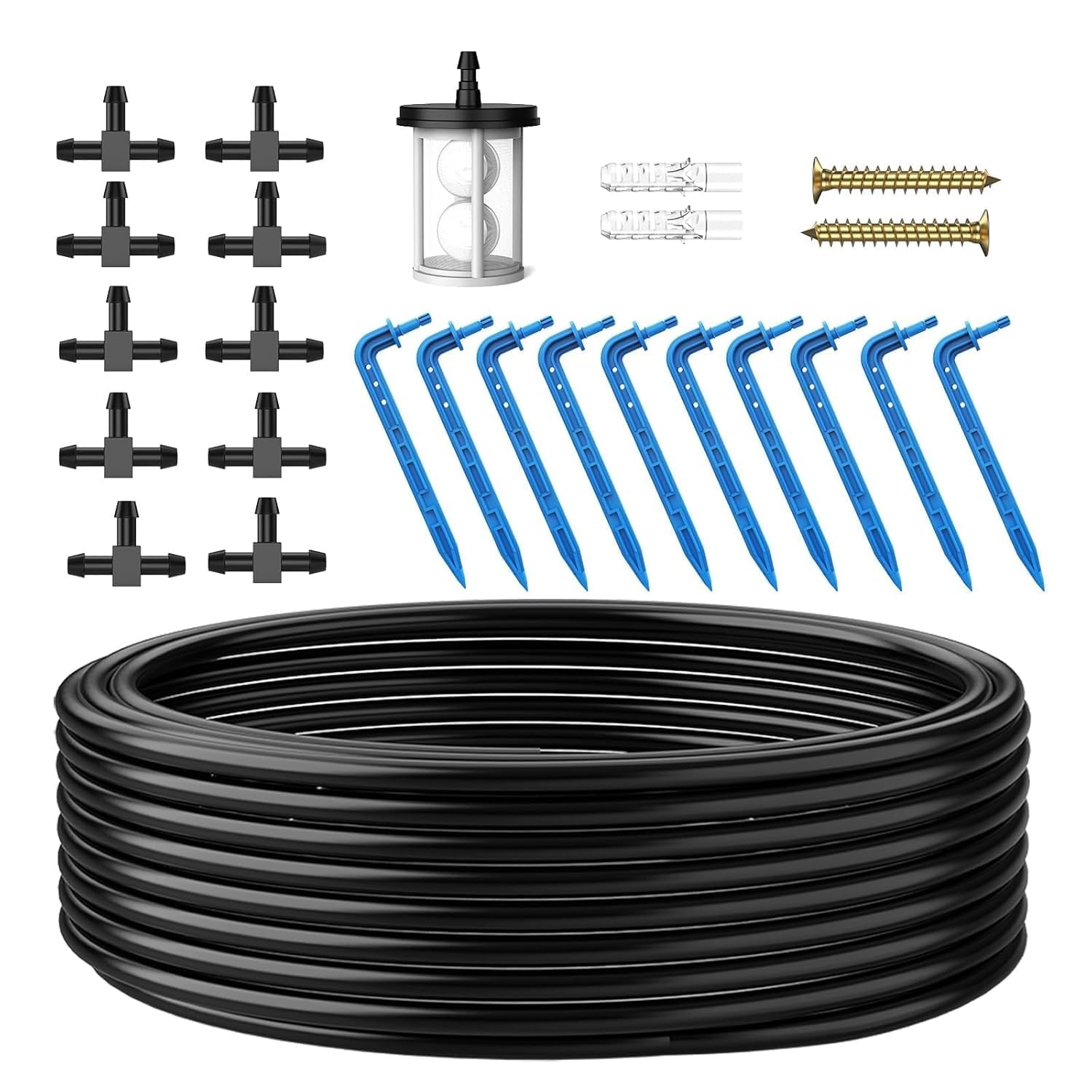 AnseTo Solar Irrigation System Accessories for Plant Watering Devices Accessories for Potted Plants,Irrigation System Kit Accessories with 10M Hose / 10 Drippers / 10 T-Connectors/Filter